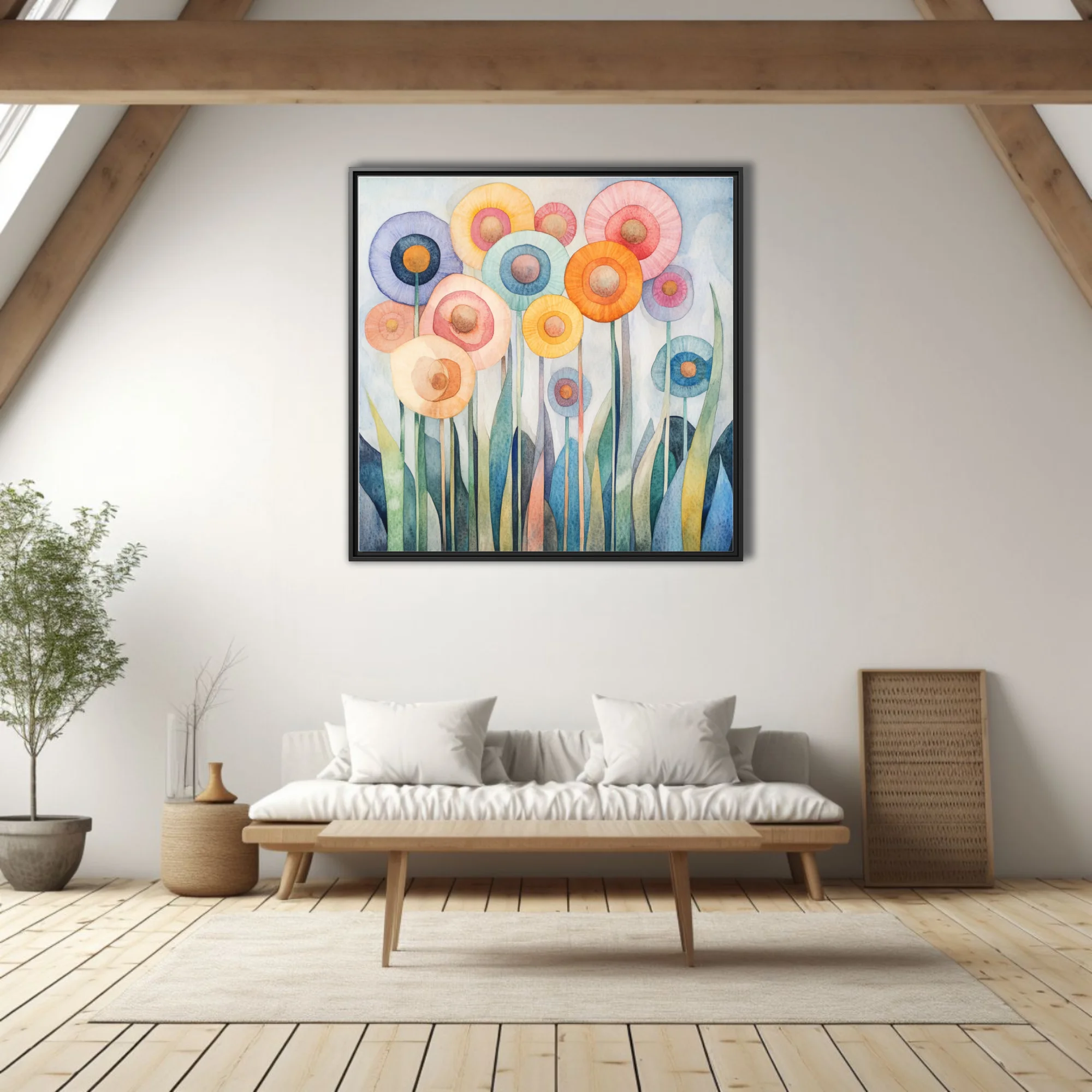 Abstract watercolor-style floral art with pastel circular blooms and teal stems