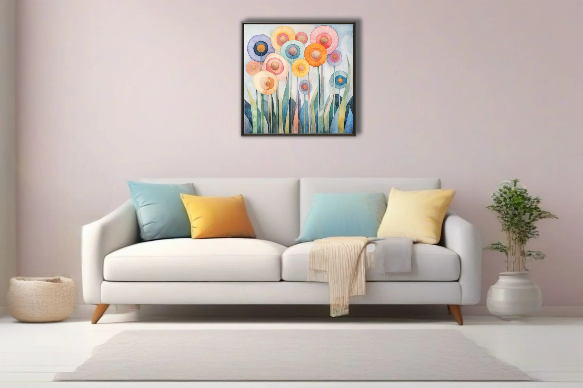 Abstract watercolor-style floral art with pastel circular blooms and teal stems
