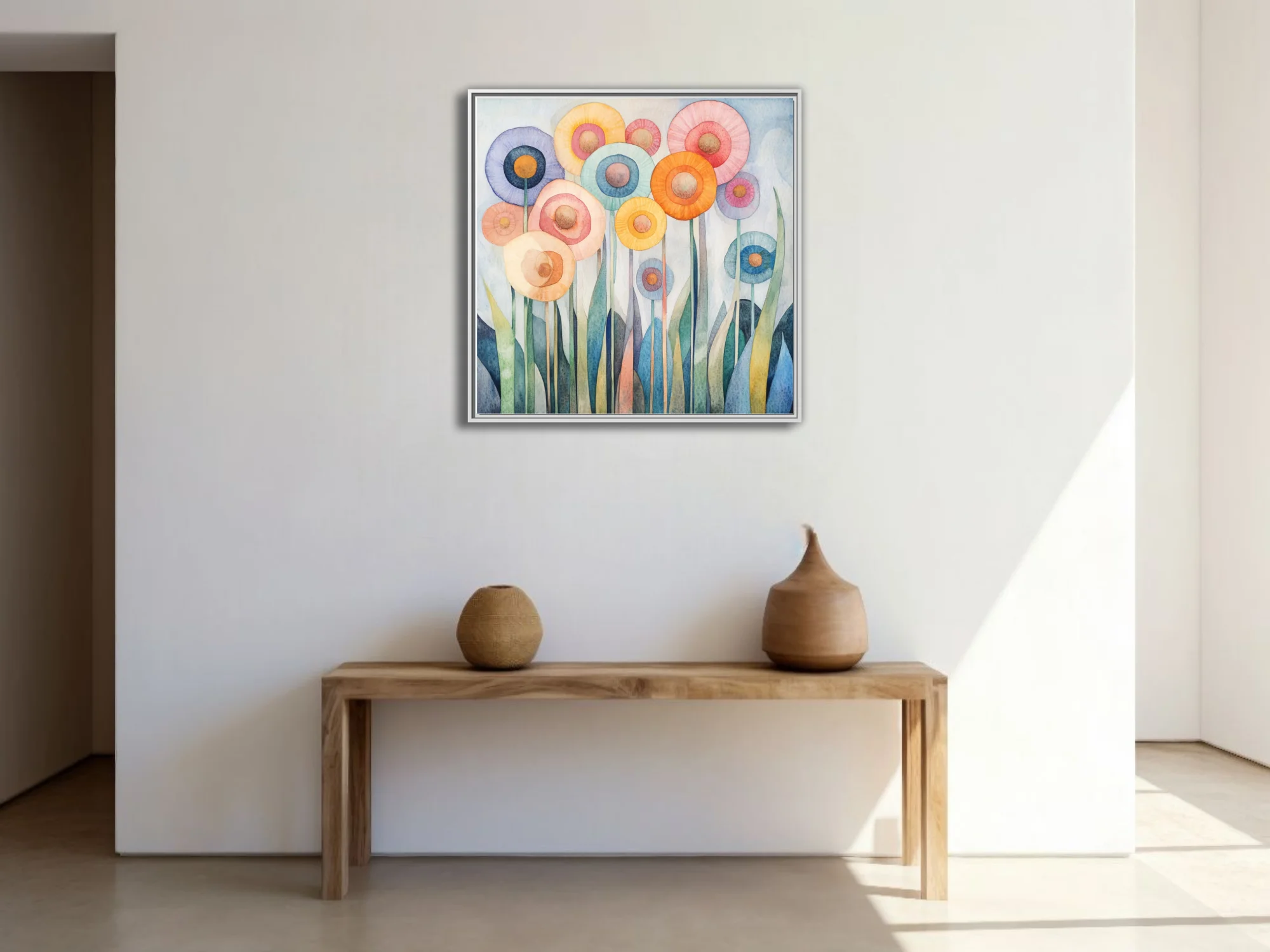 Abstract watercolor-style floral art with pastel circular blooms and teal stems