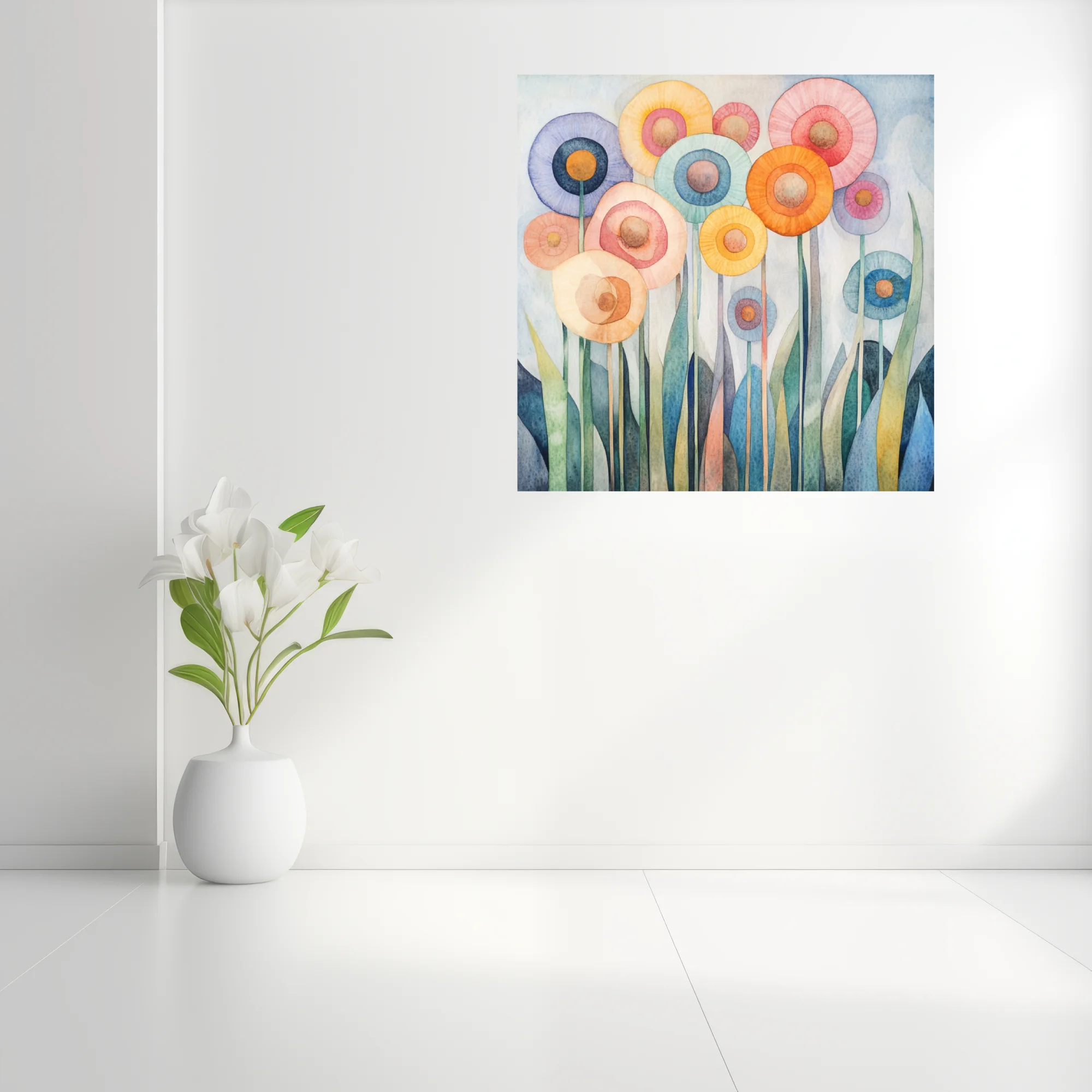 Abstract watercolor-style floral art with pastel circular blooms and teal stems