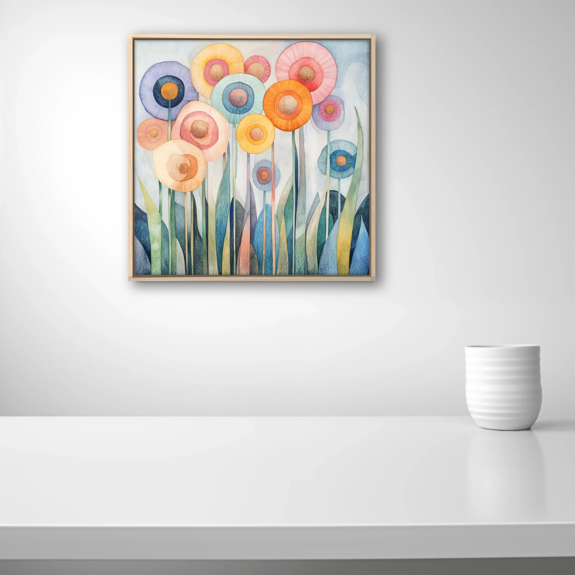 Abstract watercolor-style floral art with pastel circular blooms and teal stems