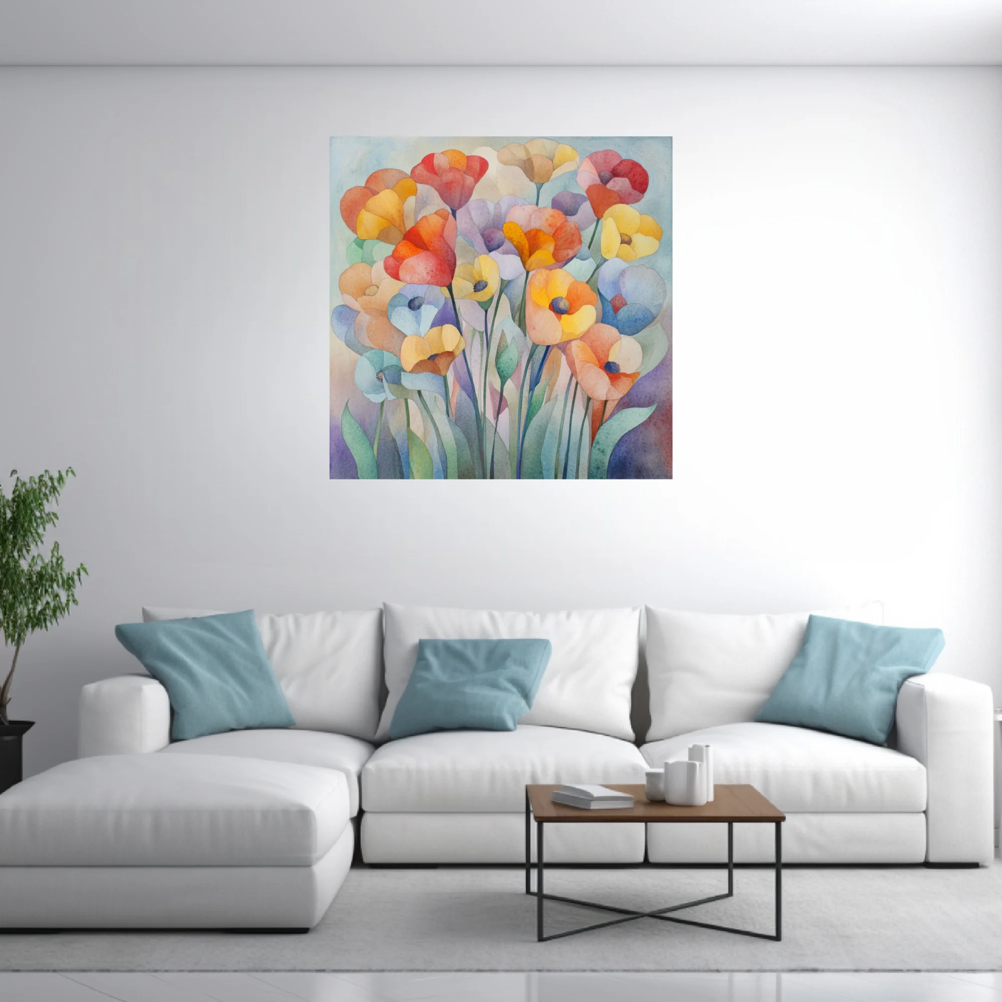 Abstract watercolor-style floral art in coral, orange, yellow and lavender pastel tones