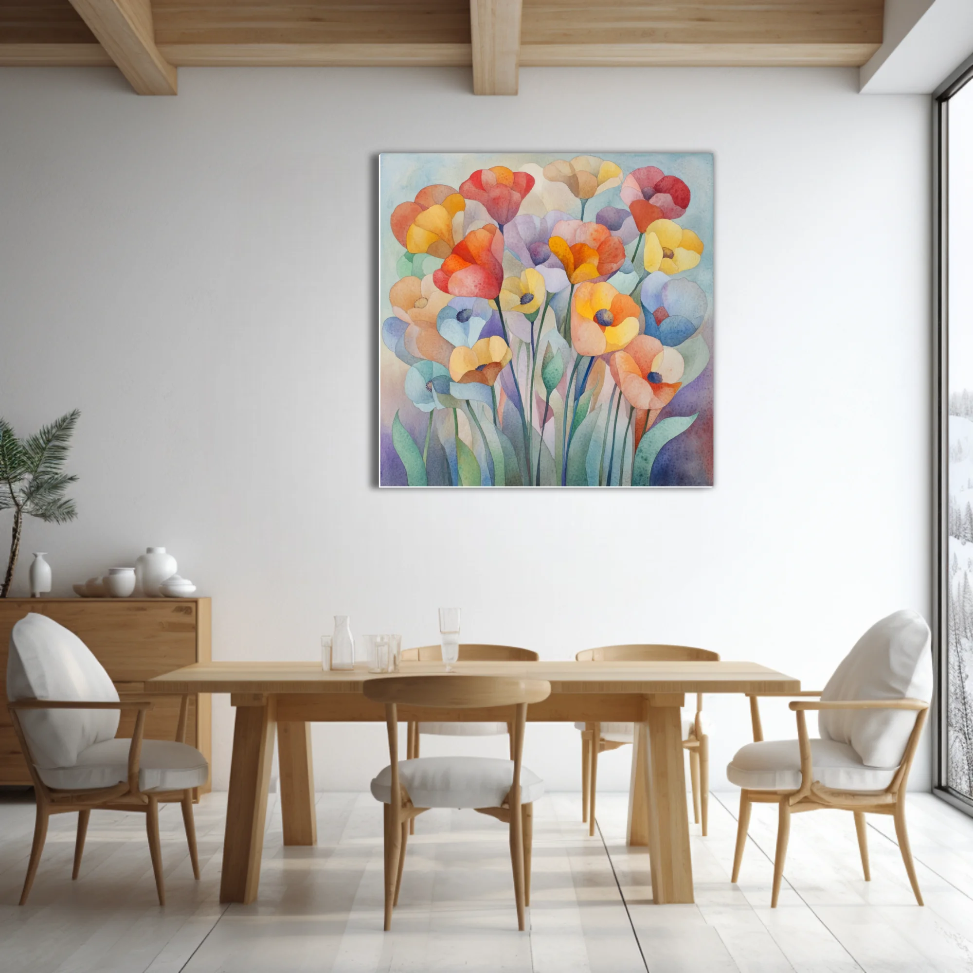 Abstract watercolor-style floral art in coral, orange, yellow and lavender pastel tones