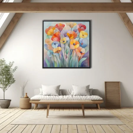Abstract watercolor-style floral art in coral, orange, yellow and lavender pastel tones