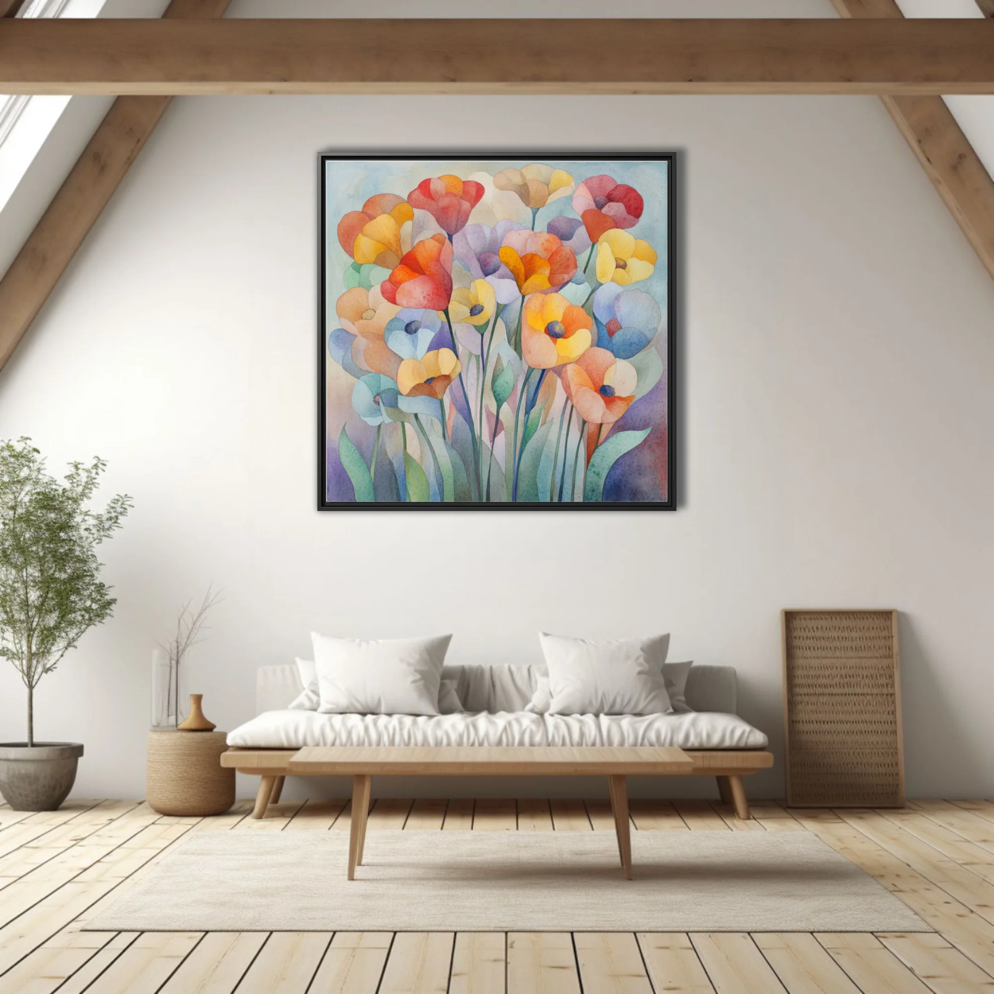 Abstract watercolor-style floral art in coral, orange, yellow and lavender pastel tones