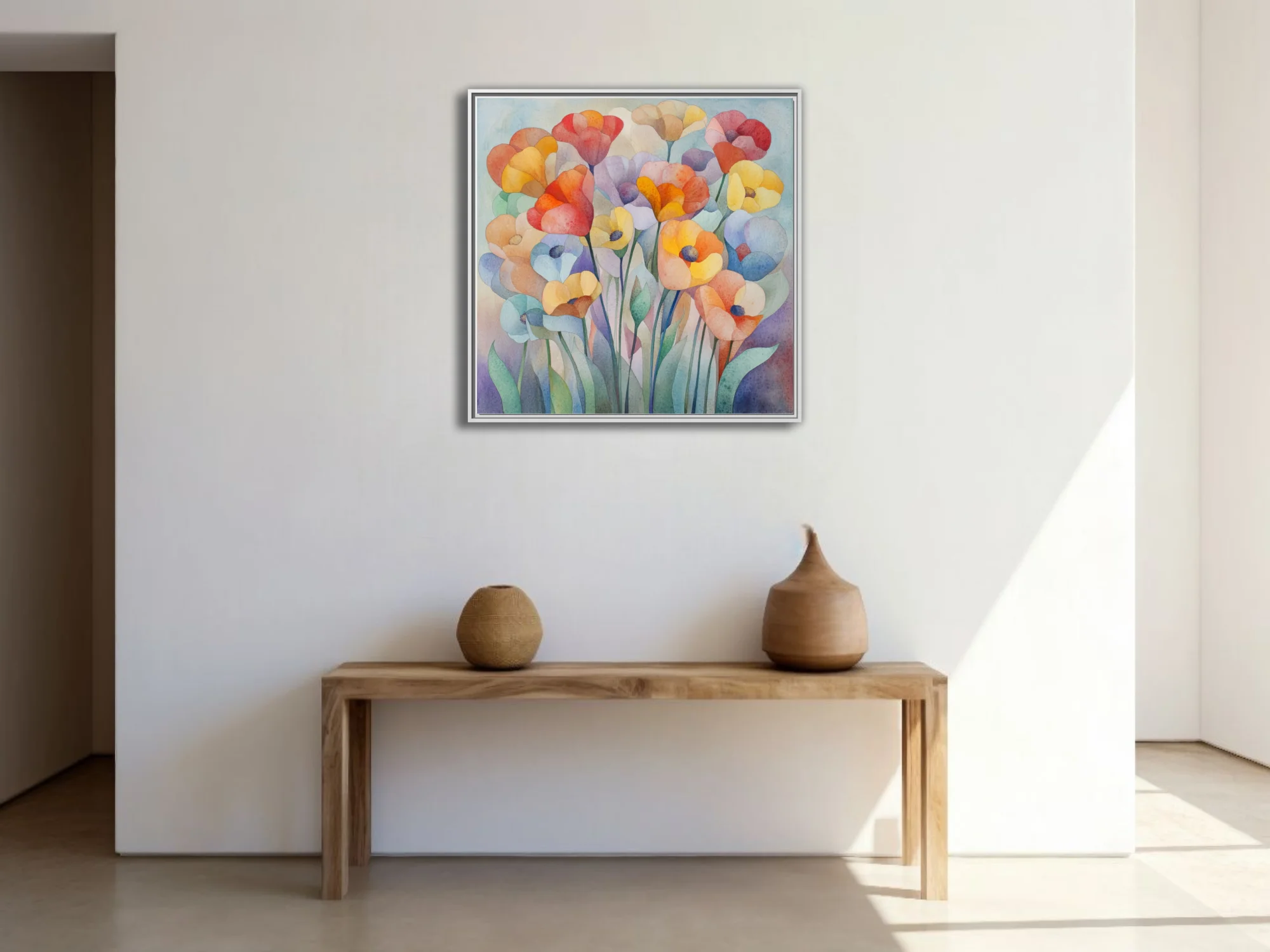 Abstract watercolor-style floral art in coral, orange, yellow and lavender pastel tones