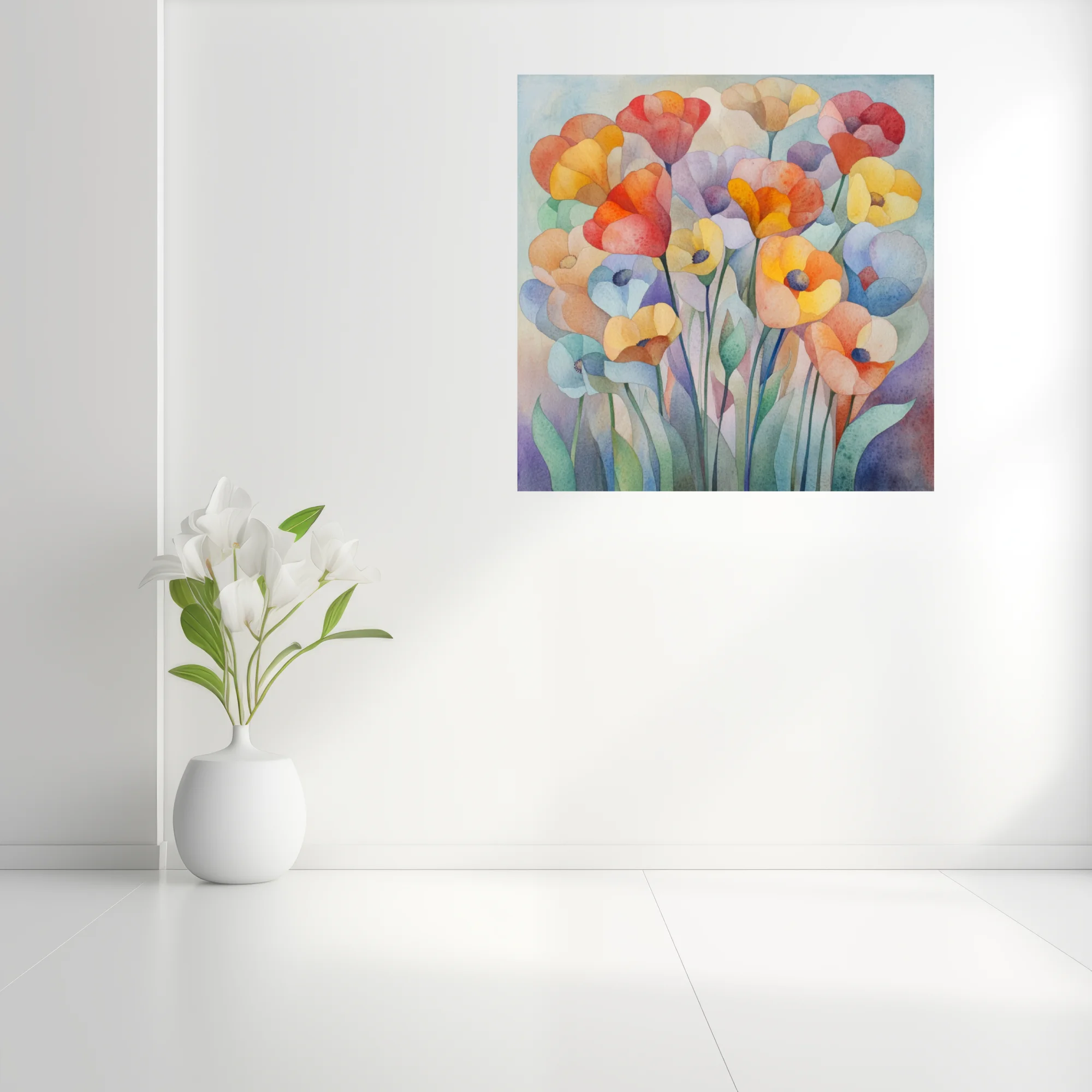 Abstract watercolor-style floral art in coral, orange, yellow and lavender pastel tones