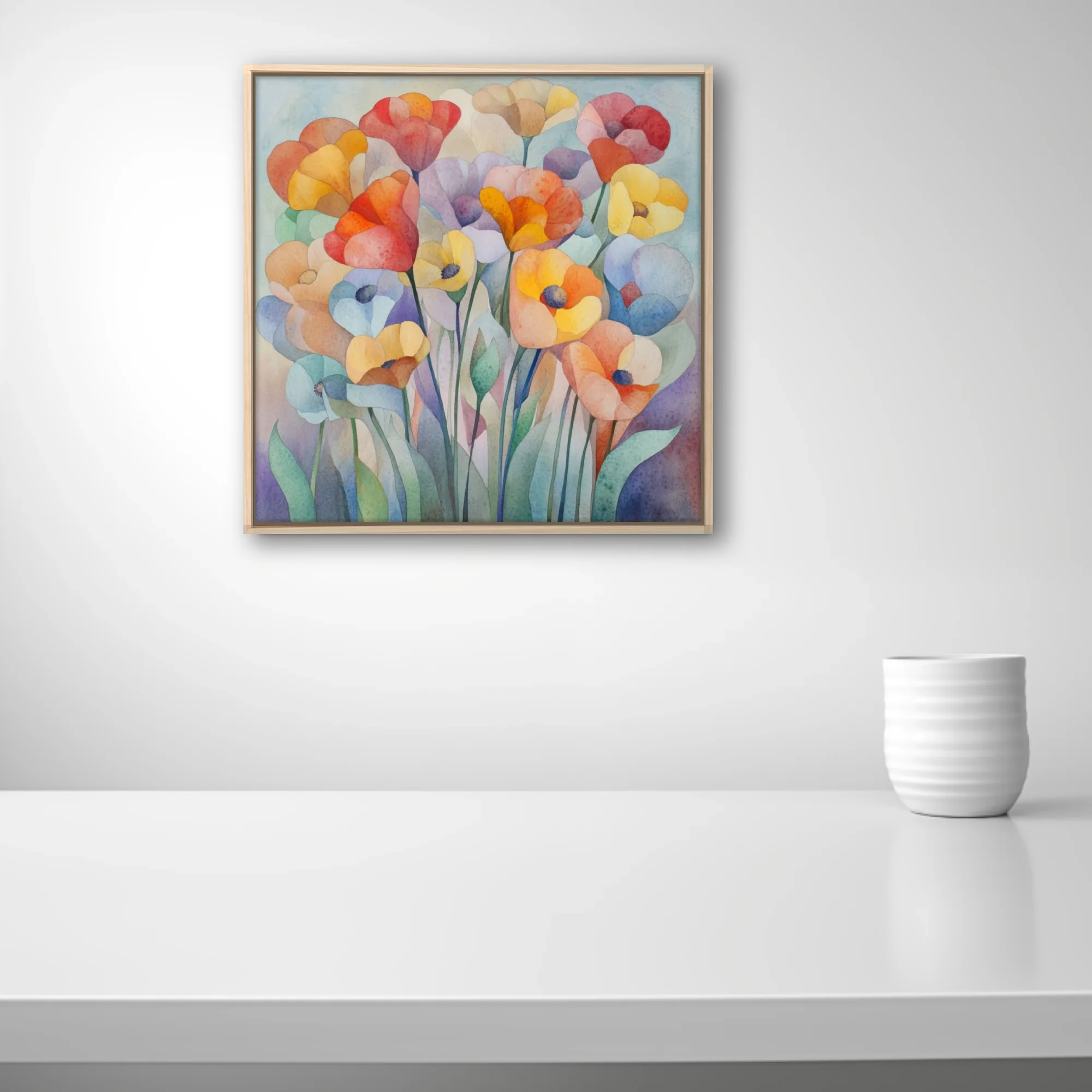 Abstract watercolor-style floral art in coral, orange, yellow and lavender pastel tones