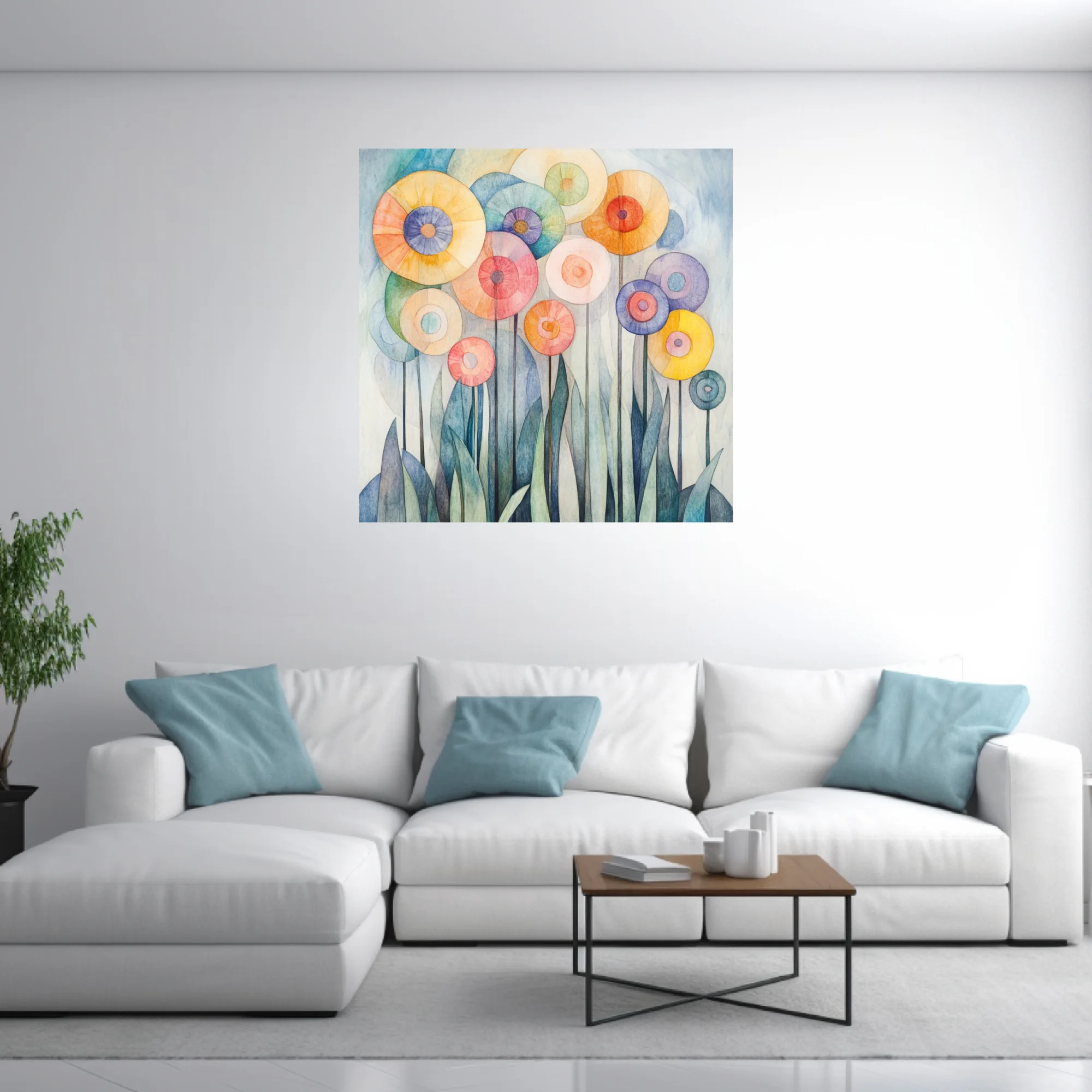 Watercolor-style abstract floral art with pastel circular blooms and teal leaf forms