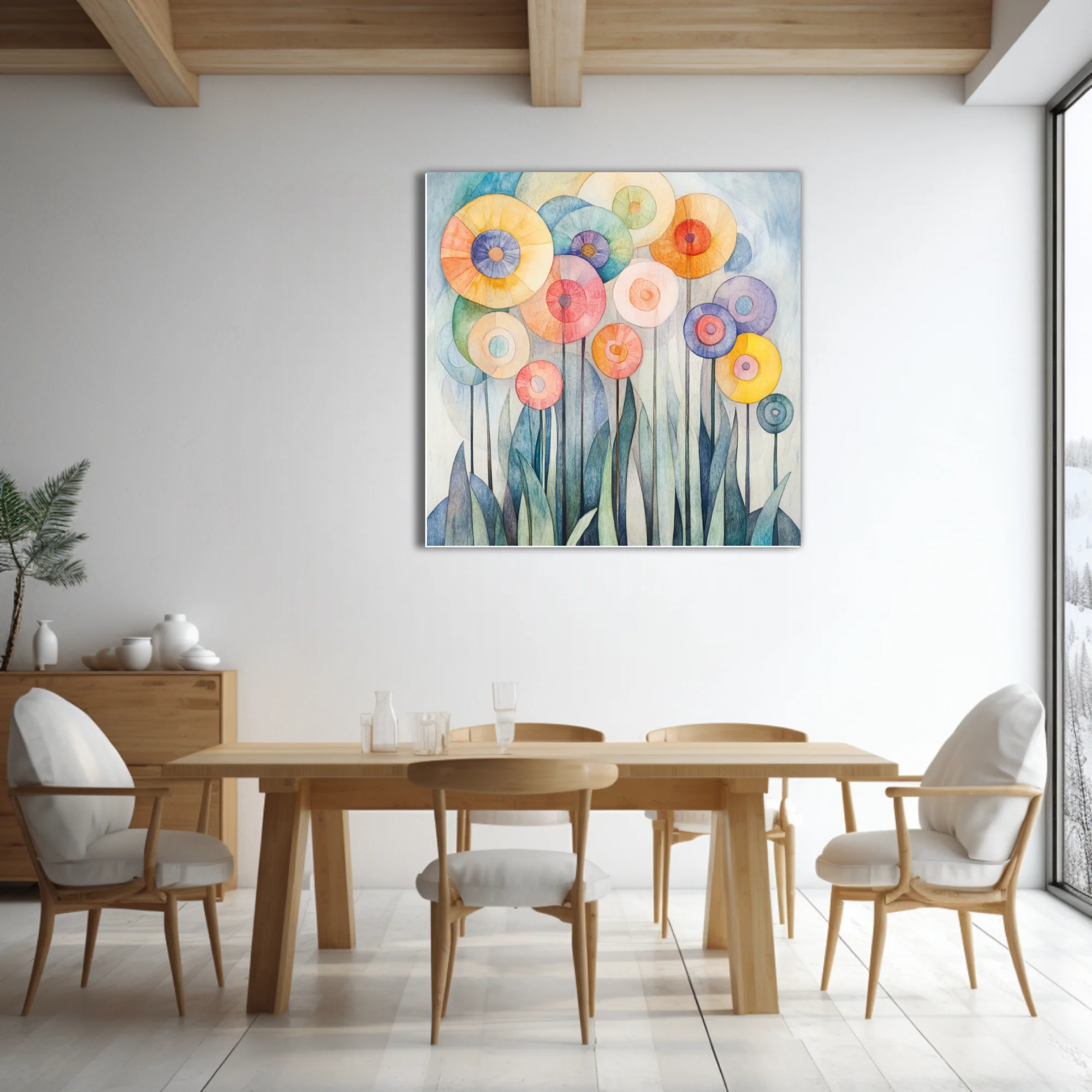 Watercolor-style abstract floral art with pastel circular blooms and teal leaf forms
