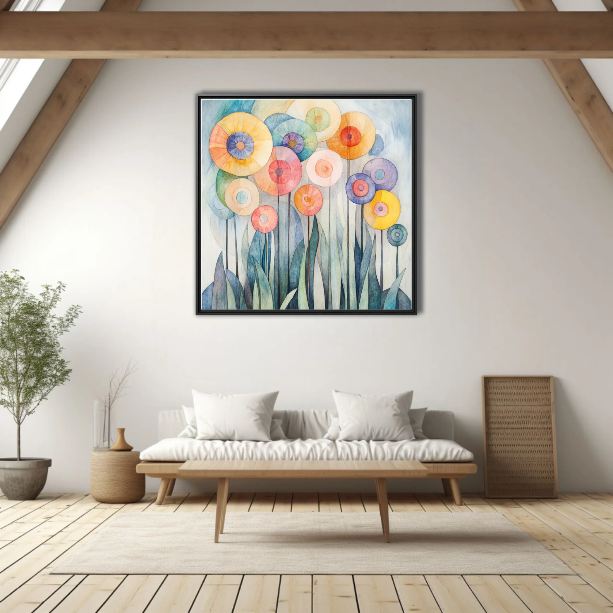 Watercolor-style abstract floral art with pastel circular blooms and teal leaf forms