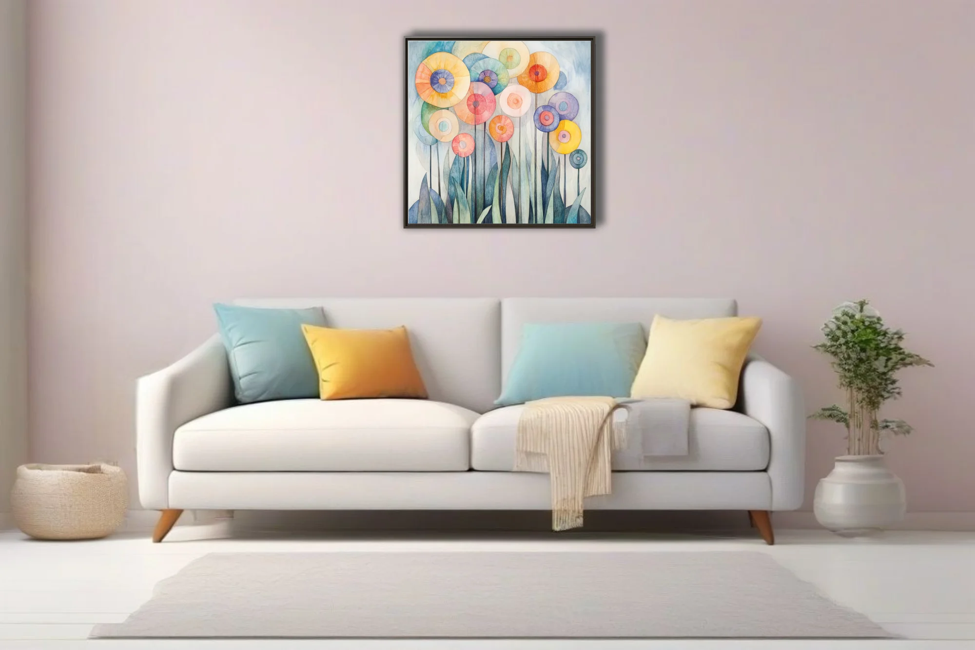 Watercolor-style abstract floral art with pastel circular blooms and teal leaf forms