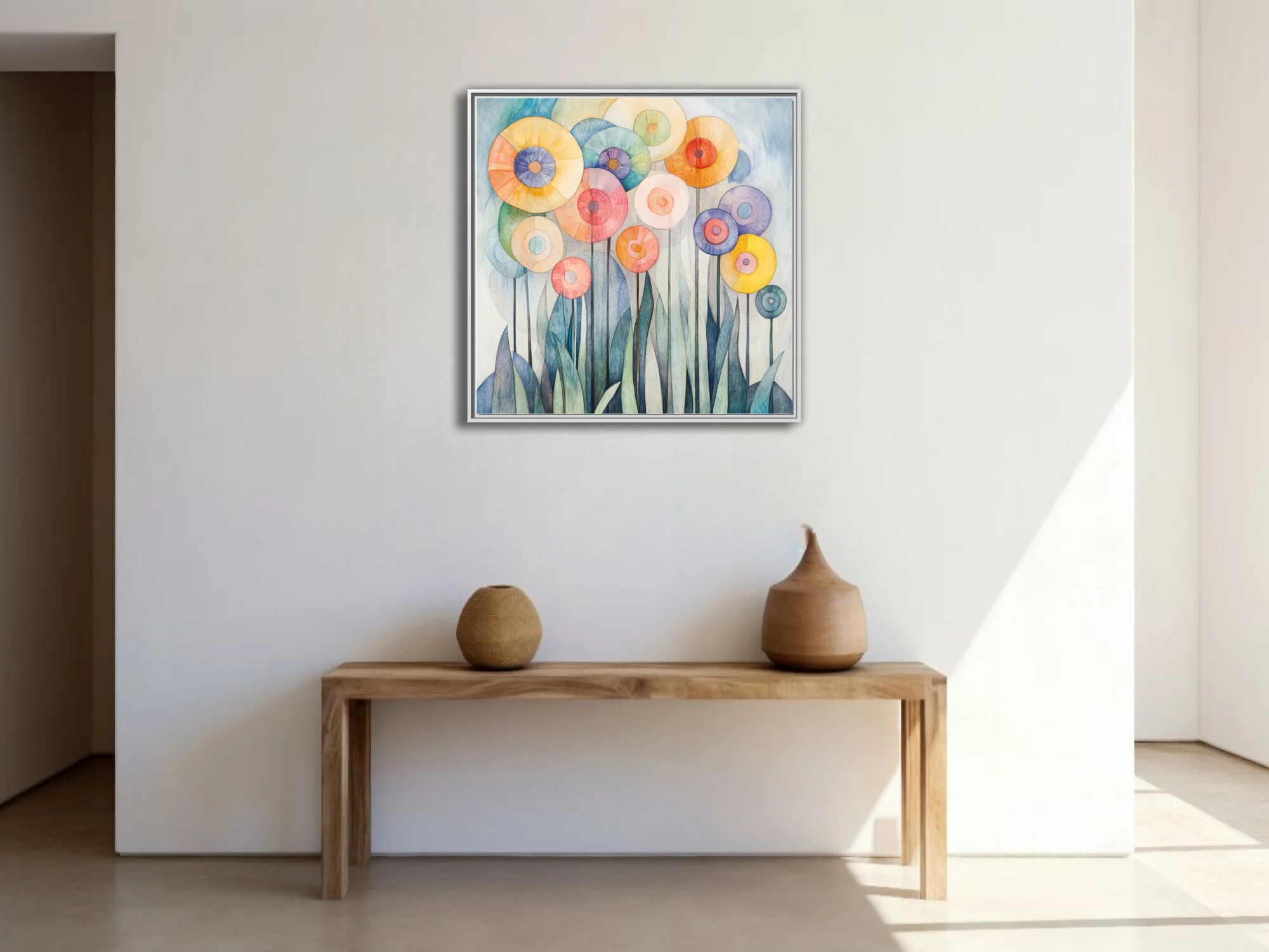 Watercolor-style abstract floral art with pastel circular blooms and teal leaf forms
