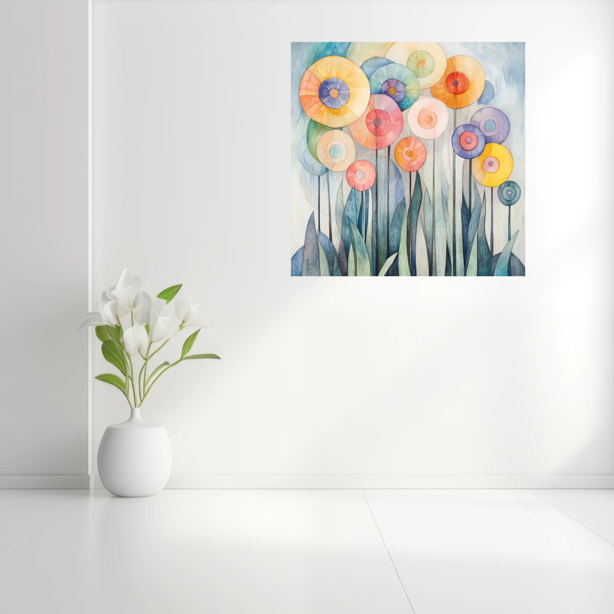 Watercolor-style abstract floral art with pastel circular blooms and teal leaf forms