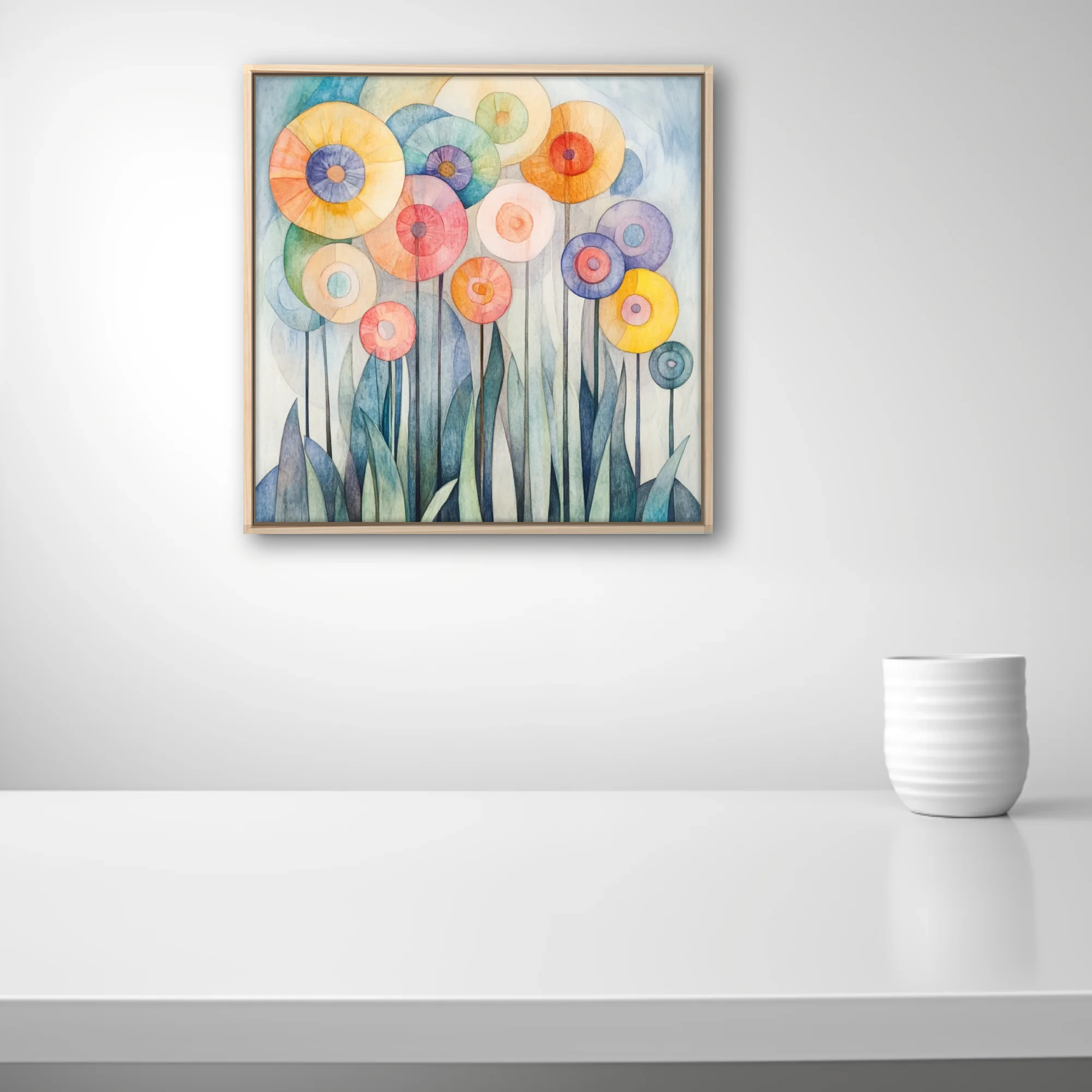 Watercolor-style abstract floral art with pastel circular blooms and teal leaf forms