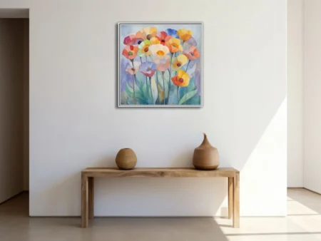 Watercolor-style abstract floral art with pastel poppies in peach, coral, and lavender