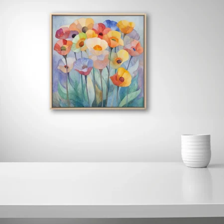 Watercolor-style abstract floral art with pastel poppies in peach, coral, and lavender