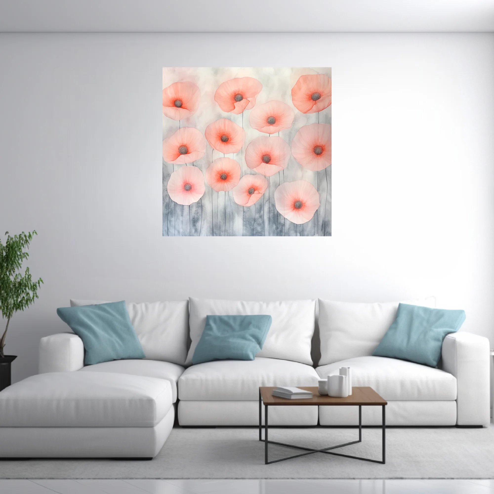 Watercolor-style abstract poppies in coral and blush on grey wash background
