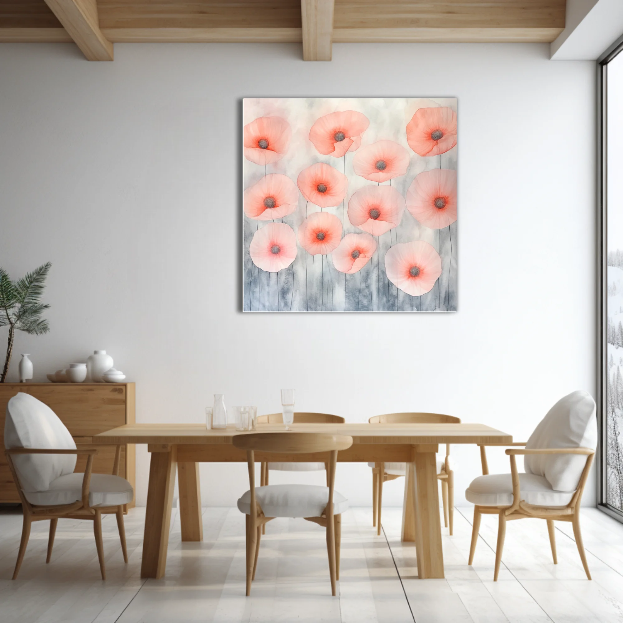 Watercolor-style abstract poppies in coral and blush on grey wash background