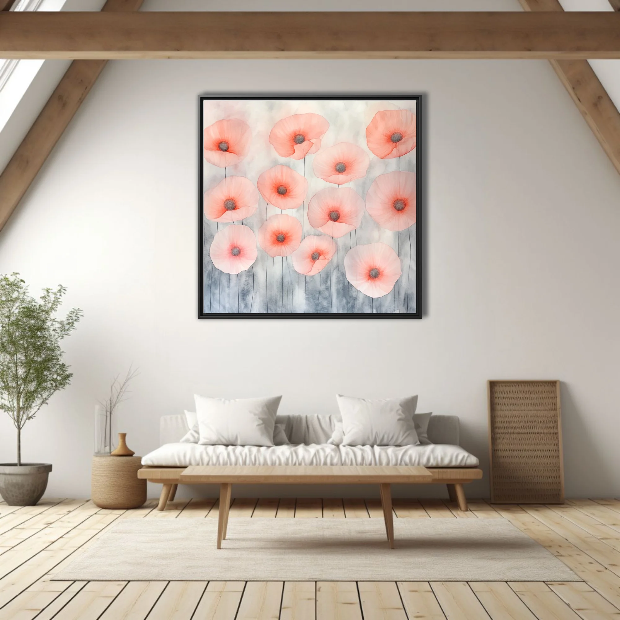Watercolor-style abstract poppies in coral and blush on grey wash background