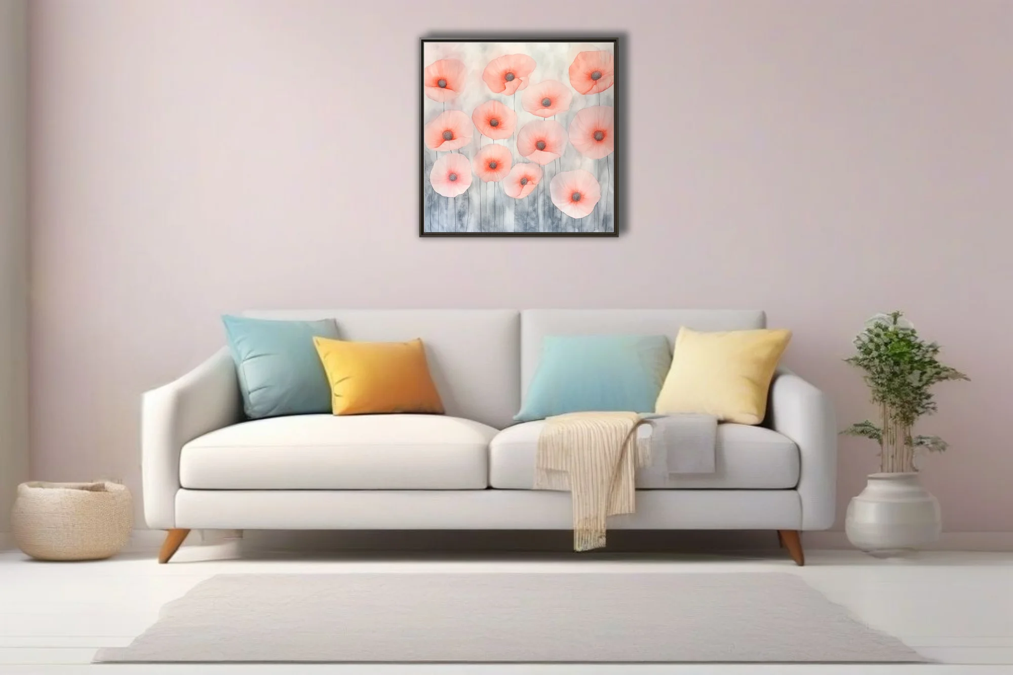 Watercolor-style abstract poppies in coral and blush on grey wash background