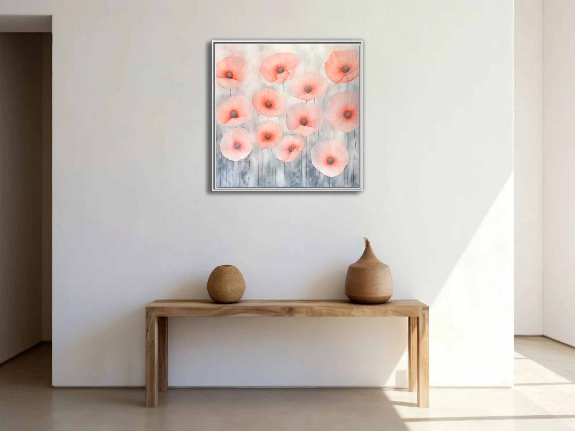 Watercolor-style abstract poppies in coral and blush on grey wash background