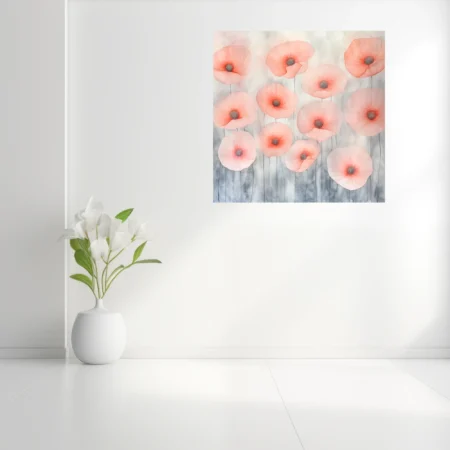 Watercolor-style abstract poppies in coral and blush on grey wash background