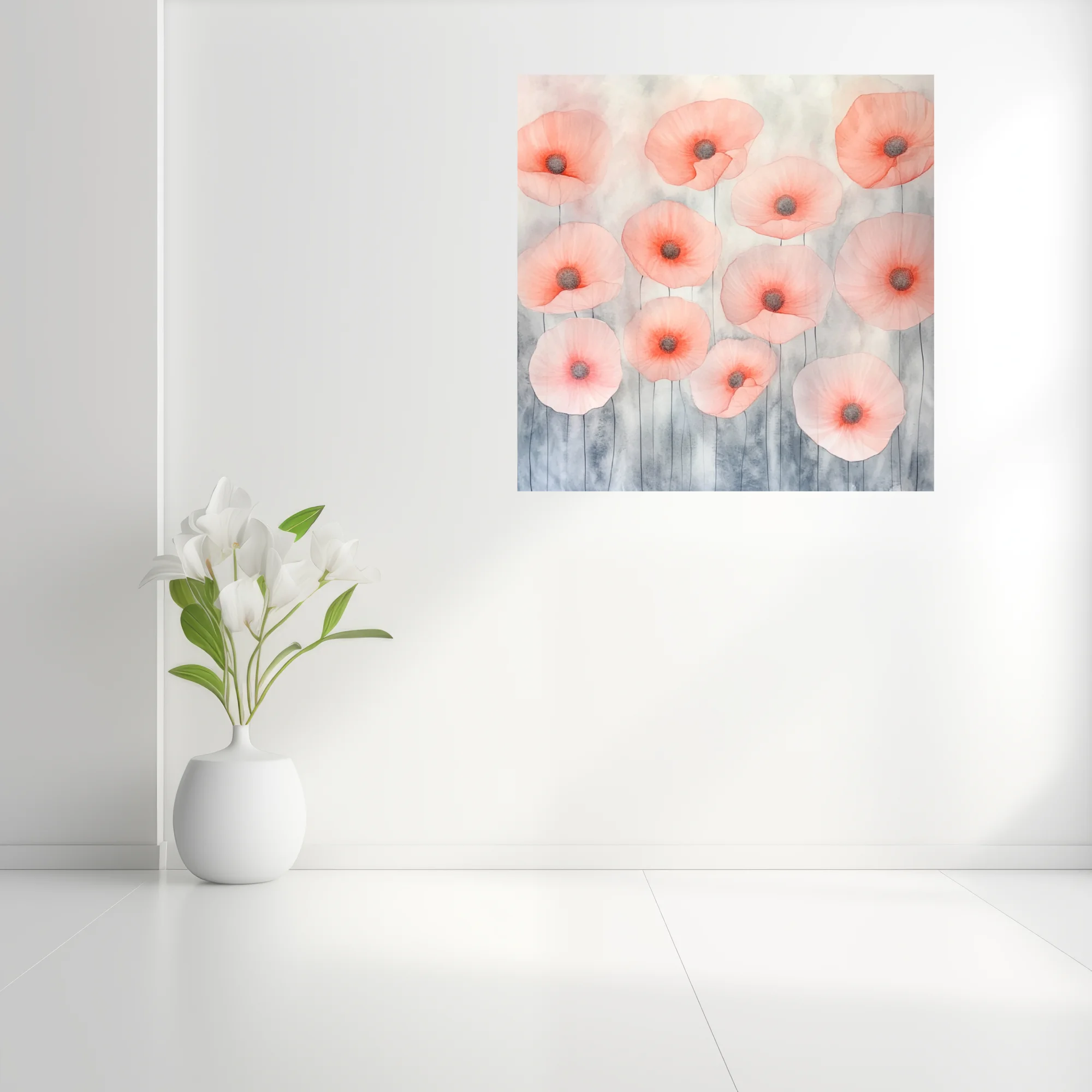 Watercolor-style abstract poppies in coral and blush on grey wash background
