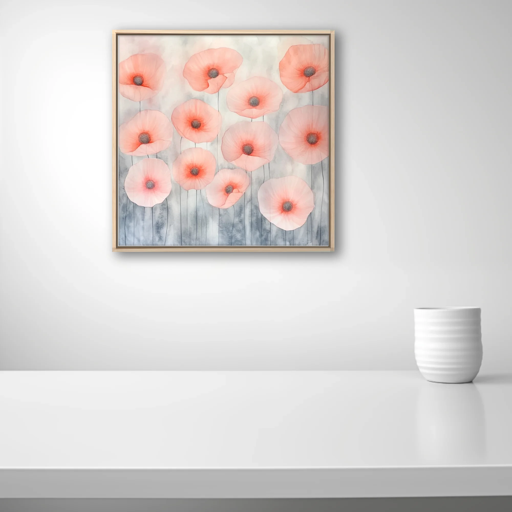 Watercolor-style abstract poppies in coral and blush on grey wash background