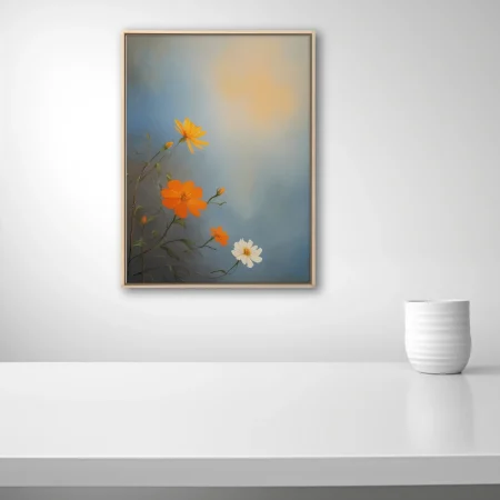 Abstract floral art, orange and white blooms on a blue-grey gradient
