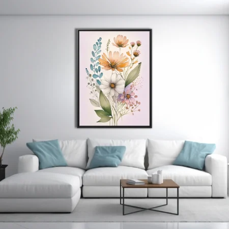 Boho watercolor-style wildflower botanical illustration in peach, white, and lavender tones