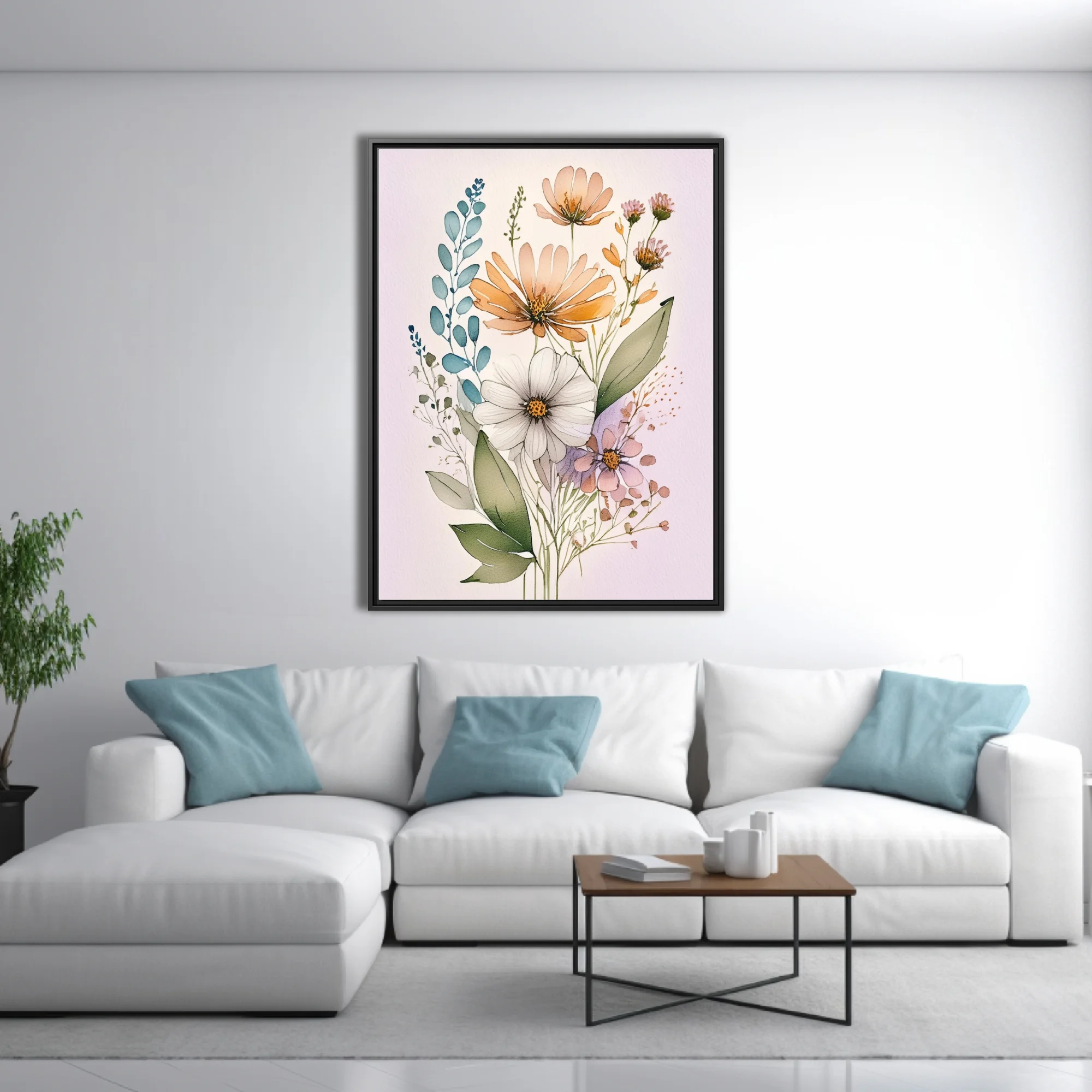 Boho watercolor-style wildflower botanical illustration in peach, white, and lavender tones
