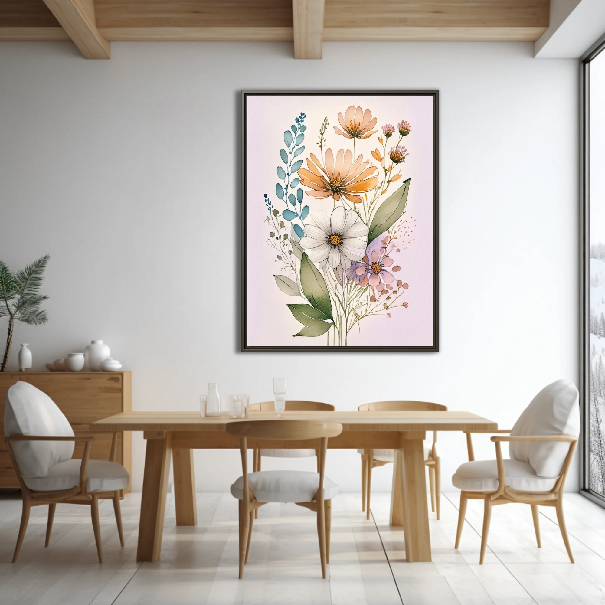 Boho watercolor-style wildflower botanical illustration in peach, white, and lavender tones