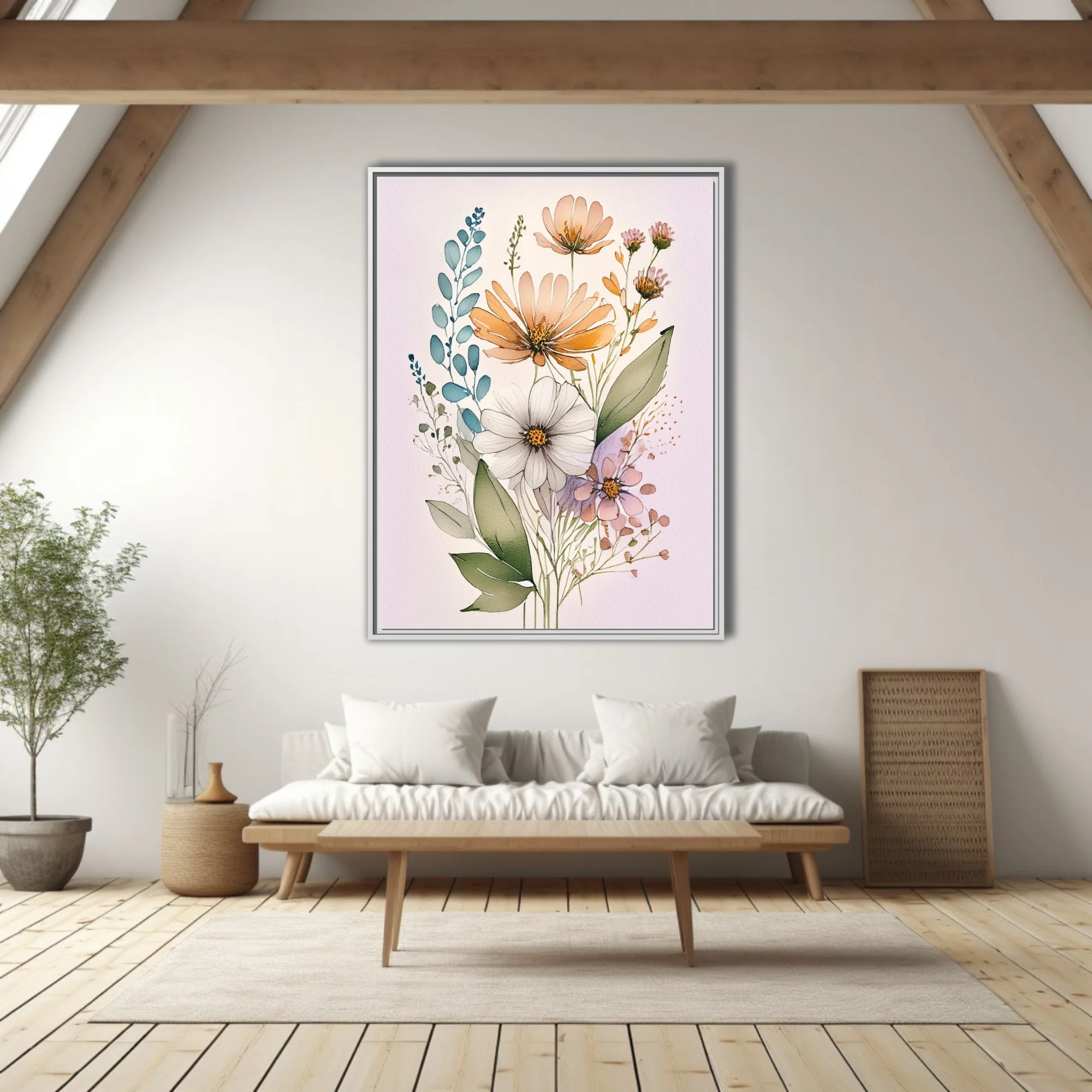 Boho watercolor-style wildflower botanical illustration in peach, white, and lavender tones