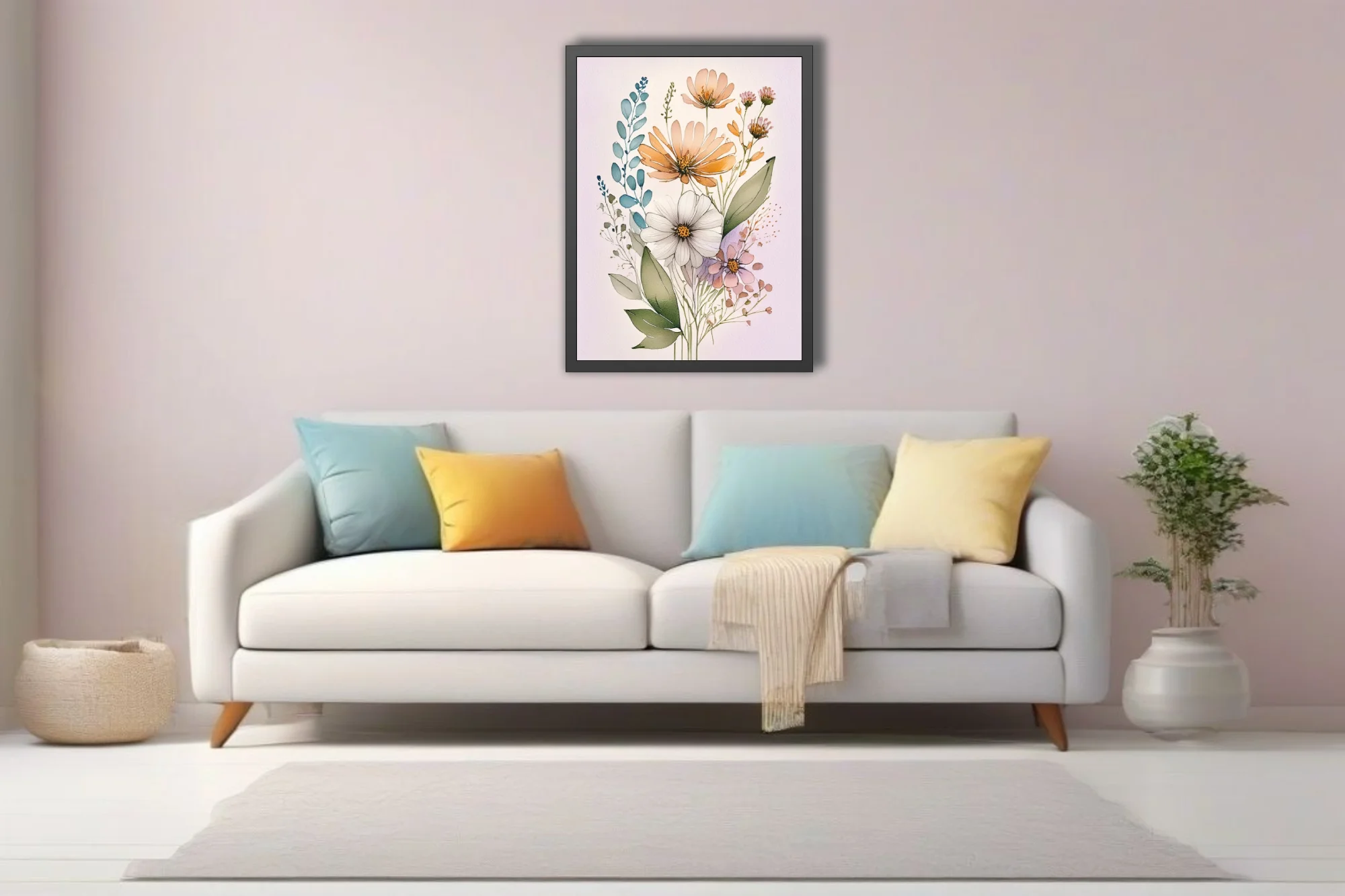 Boho watercolor-style wildflower botanical illustration in peach, white, and lavender tones