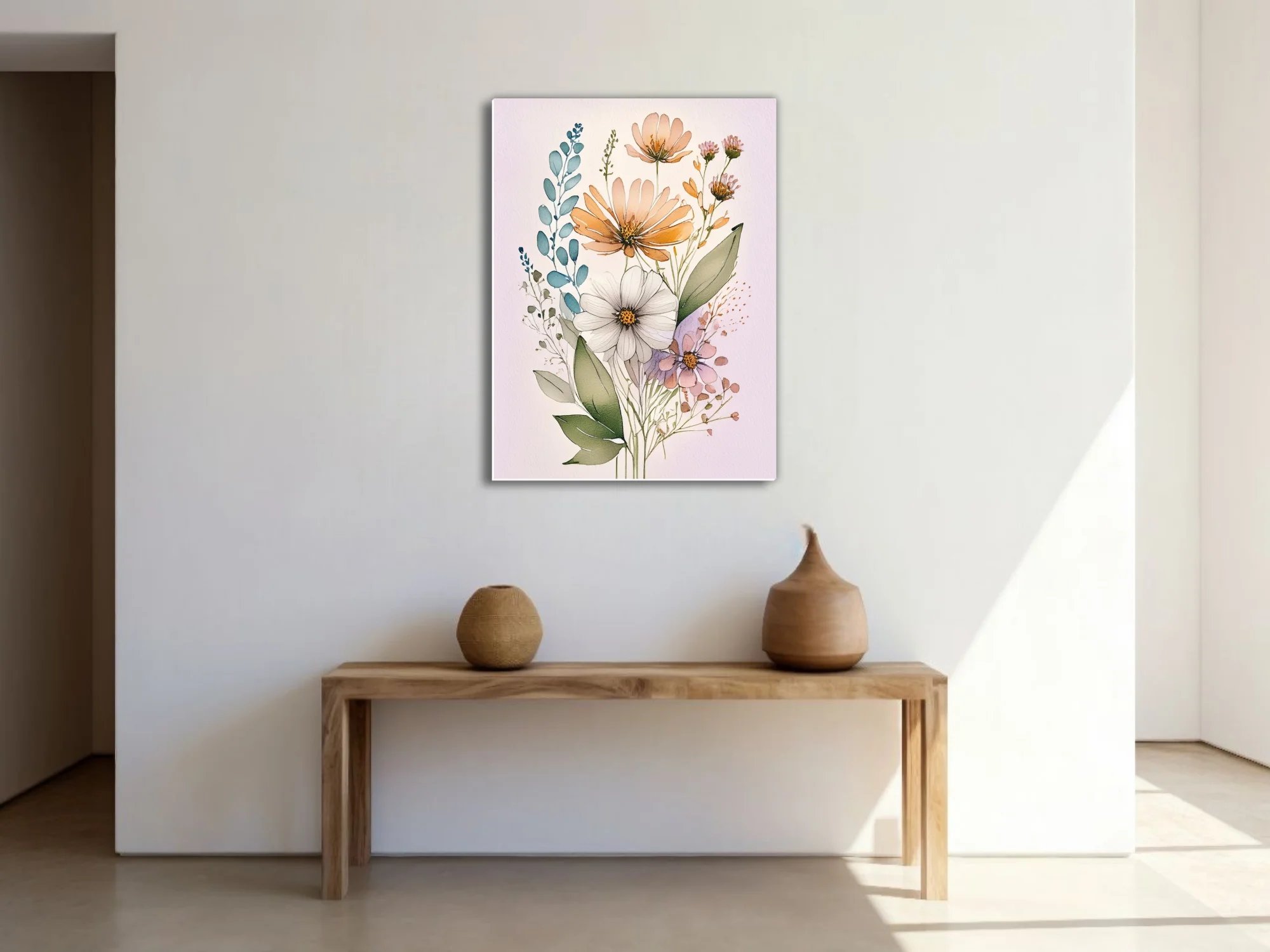 Boho watercolor-style wildflower botanical illustration in peach, white, and lavender tones