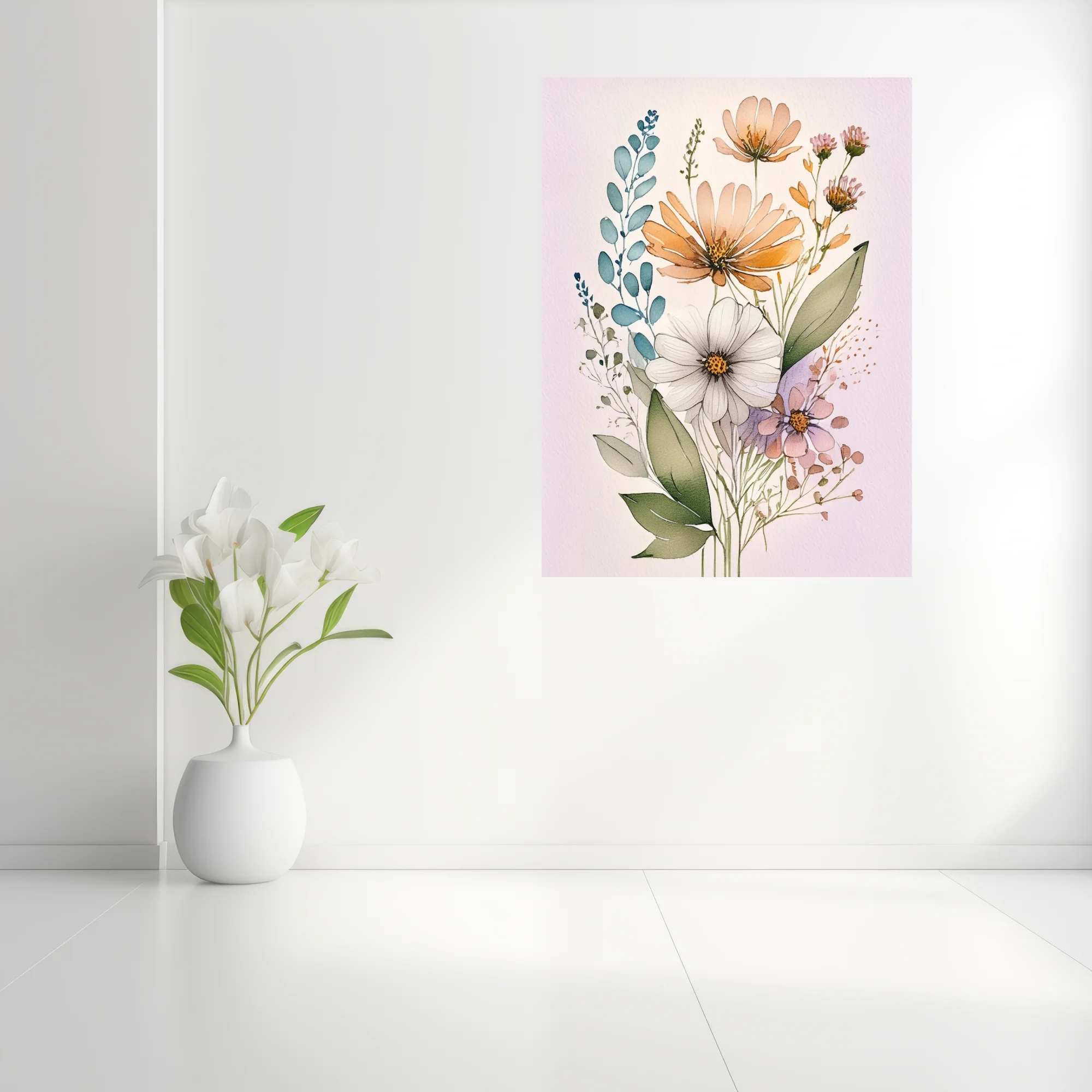 Boho watercolor-style wildflower botanical illustration in peach, white, and lavender tones