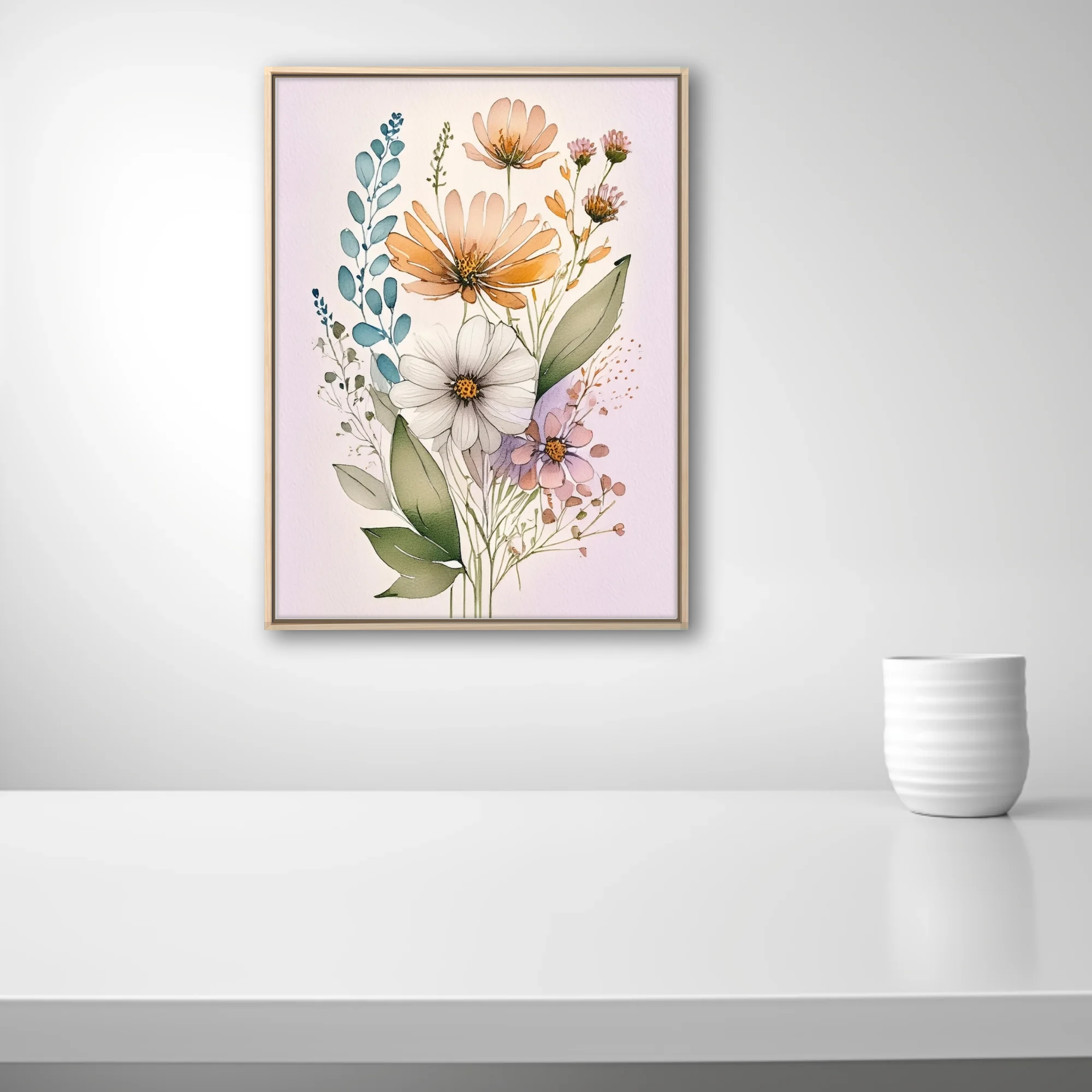 Boho watercolor-style wildflower botanical illustration in peach, white, and lavender tones