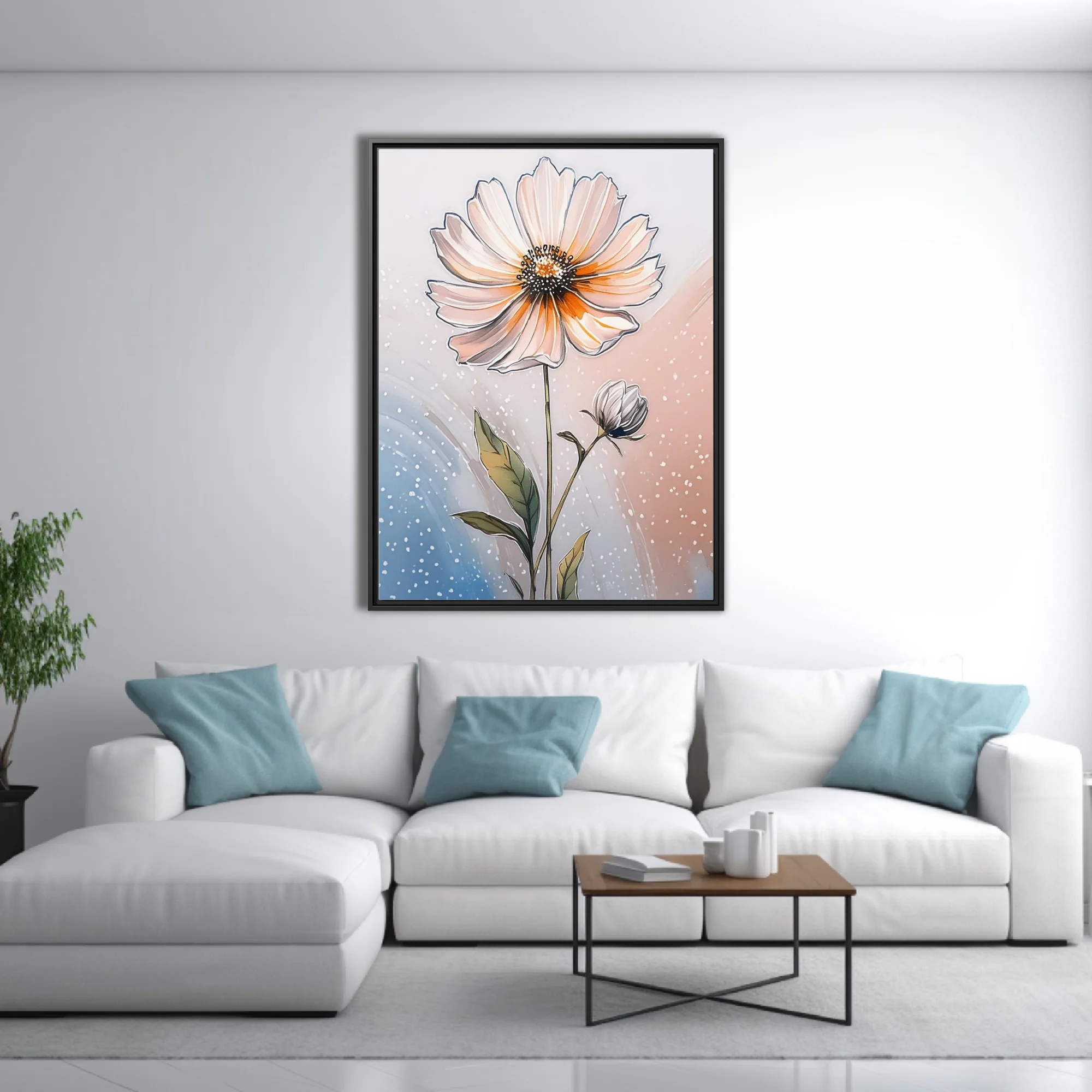 Ink-style botanical floral illustration, peach blooms and bud on soft pastel background