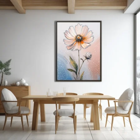 Ink-style botanical floral illustration, peach blooms and bud on soft pastel background