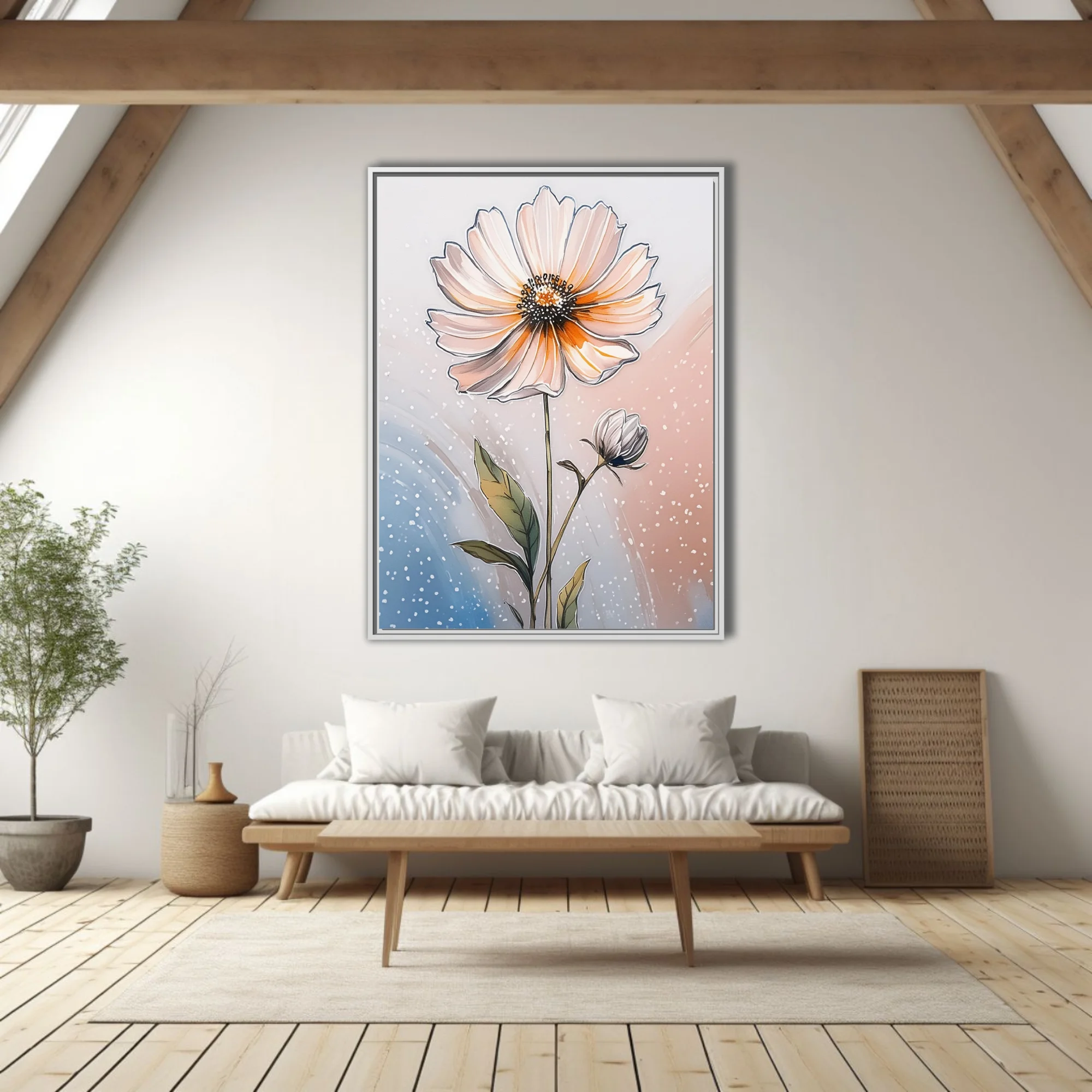 Ink-style botanical floral illustration, peach blooms and bud on soft pastel background