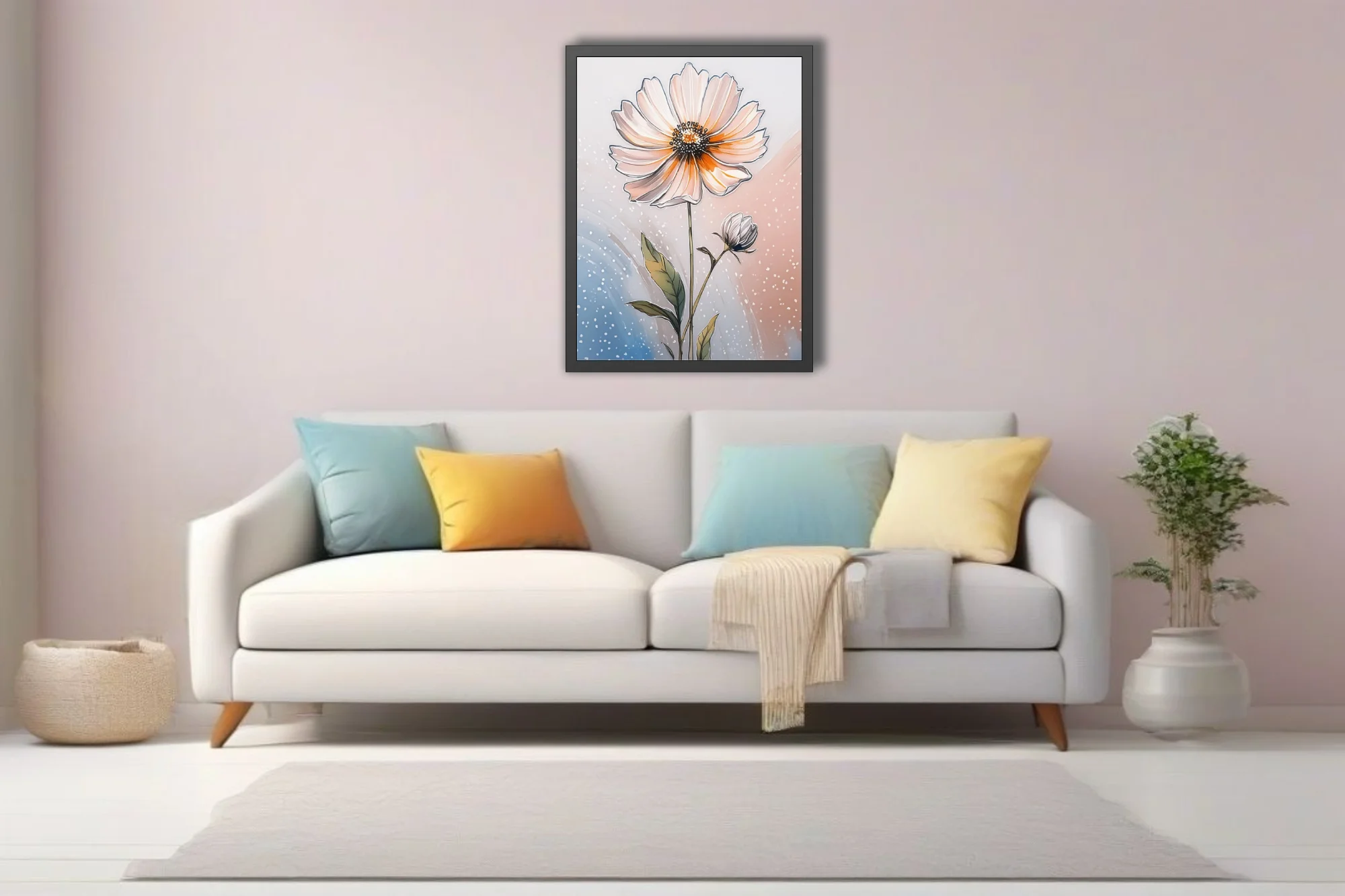 Ink-style botanical floral illustration, peach blooms and bud on soft pastel background