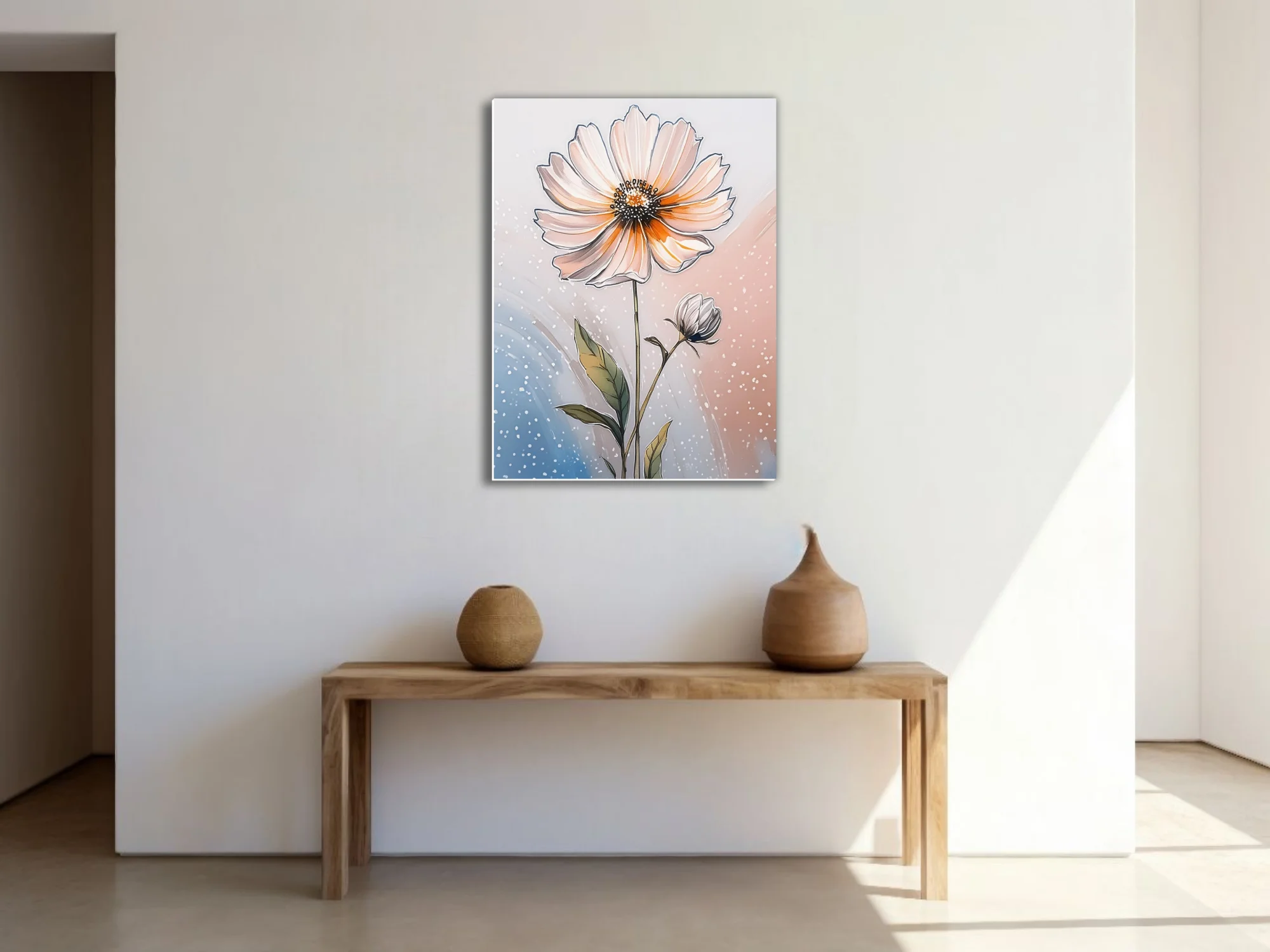 Ink-style botanical floral illustration, peach blooms and bud on soft pastel background