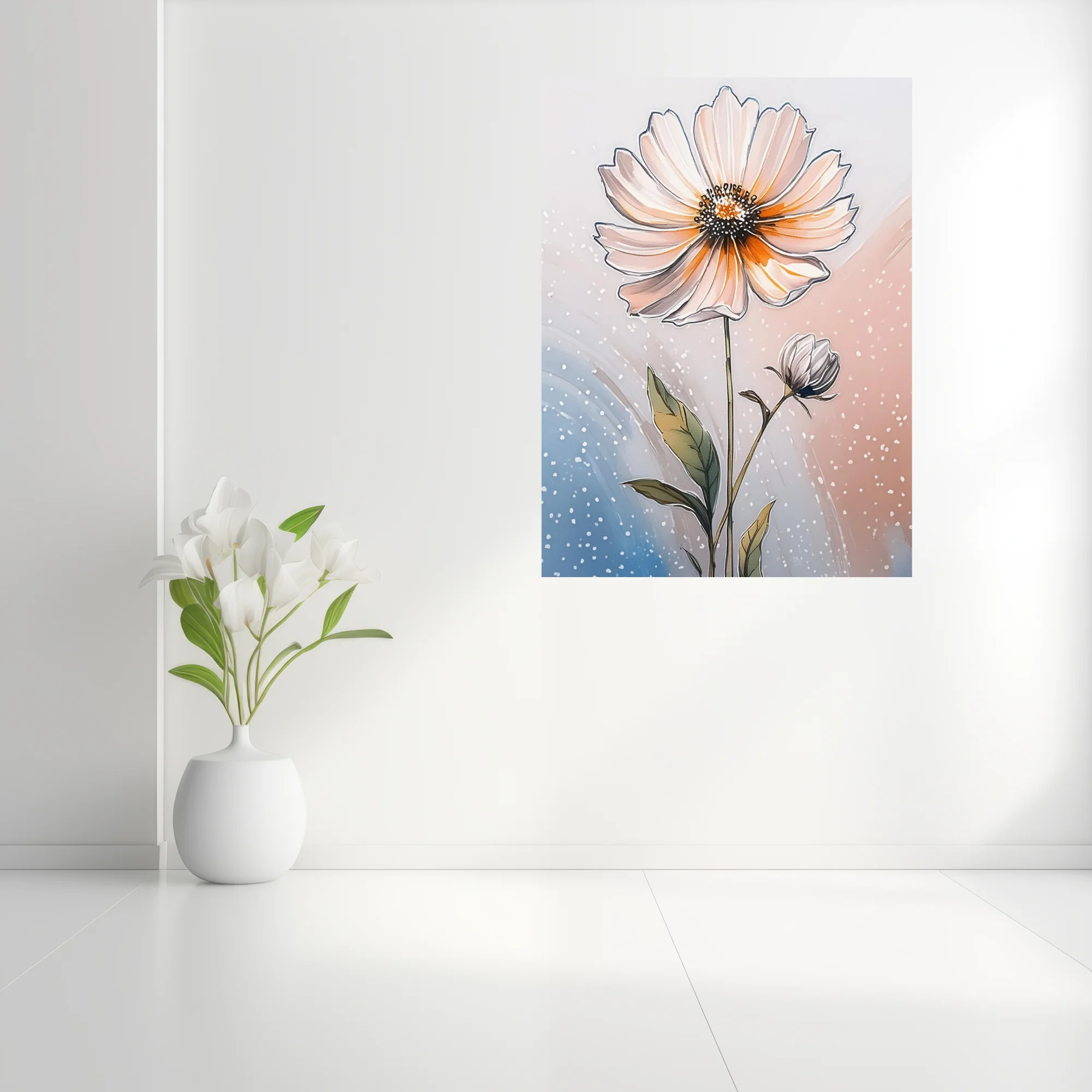 Ink-style botanical floral illustration, peach blooms and bud on soft pastel background
