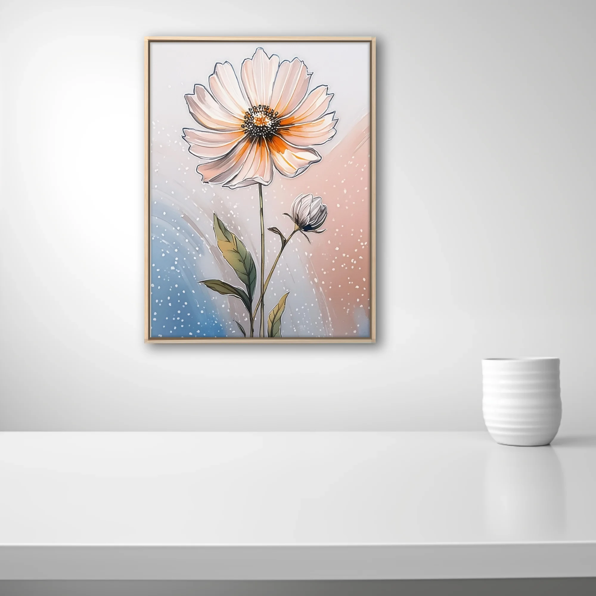 Ink-style botanical floral illustration, peach blooms and bud on soft pastel background