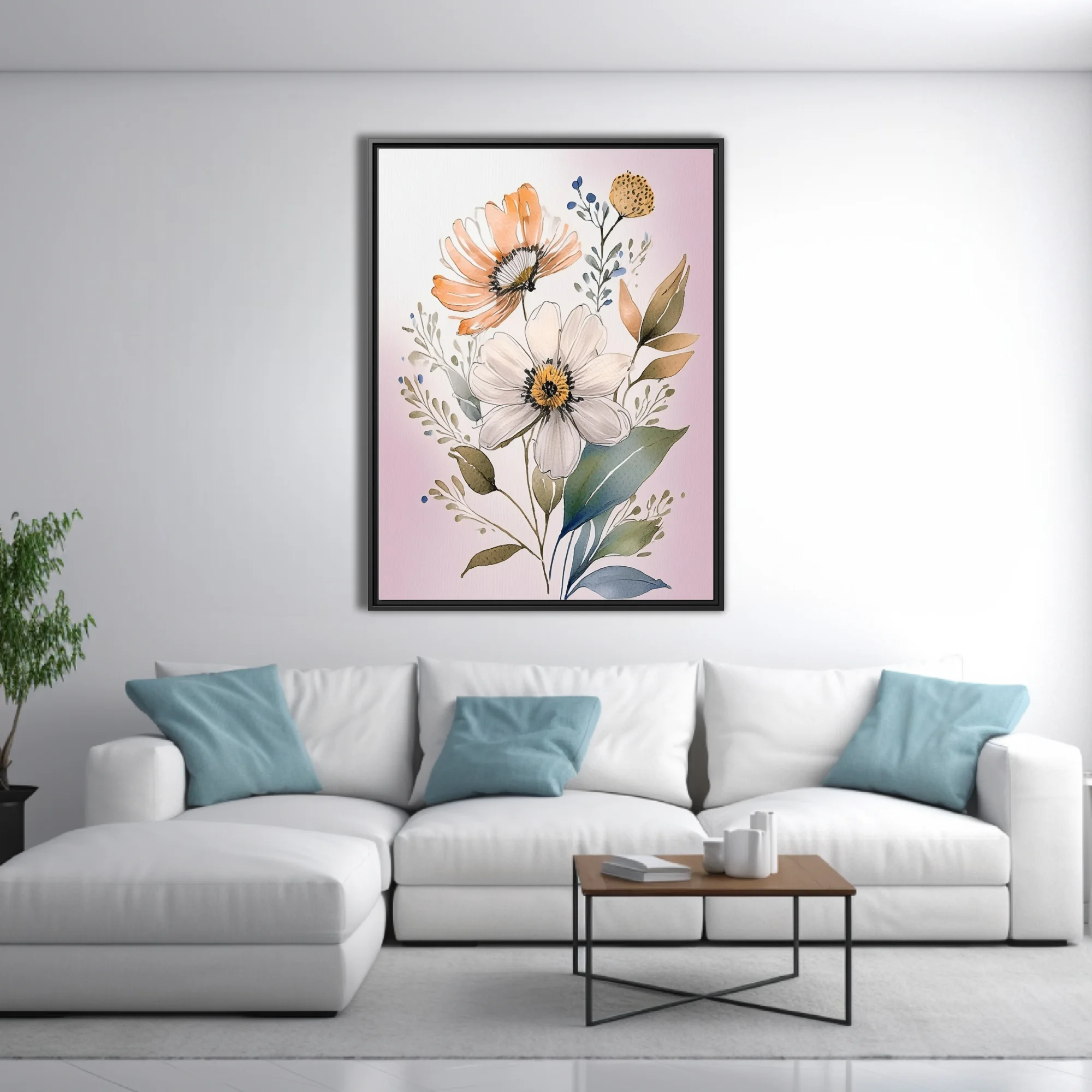 Boho watercolor-style floral illustration with peach and white blooms, sage foliage, blush background