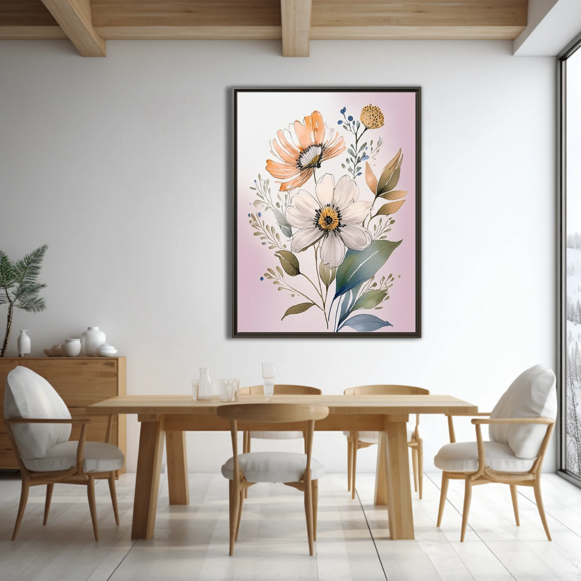 Boho watercolor-style floral illustration with peach and white blooms, sage foliage, blush background