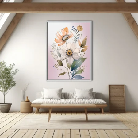 Boho watercolor-style floral illustration with peach and white blooms, sage foliage, blush background