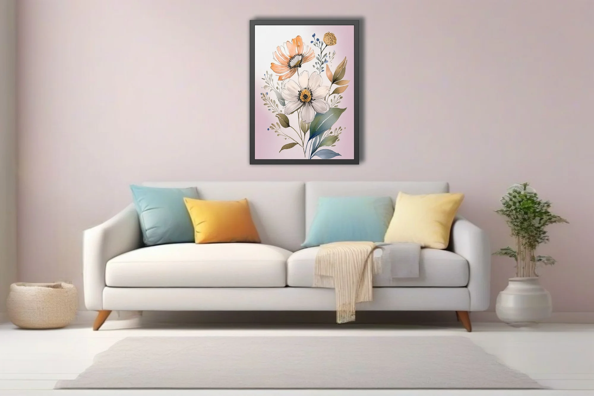 Boho watercolor-style floral illustration with peach and white blooms, sage foliage, blush background
