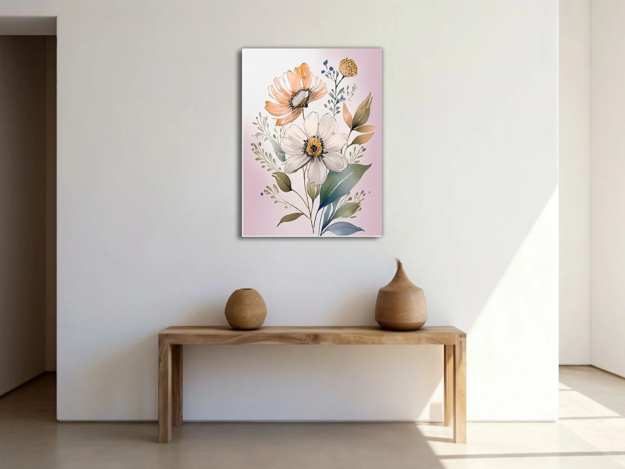 Boho watercolor-style floral illustration with peach and white blooms, sage foliage, blush background